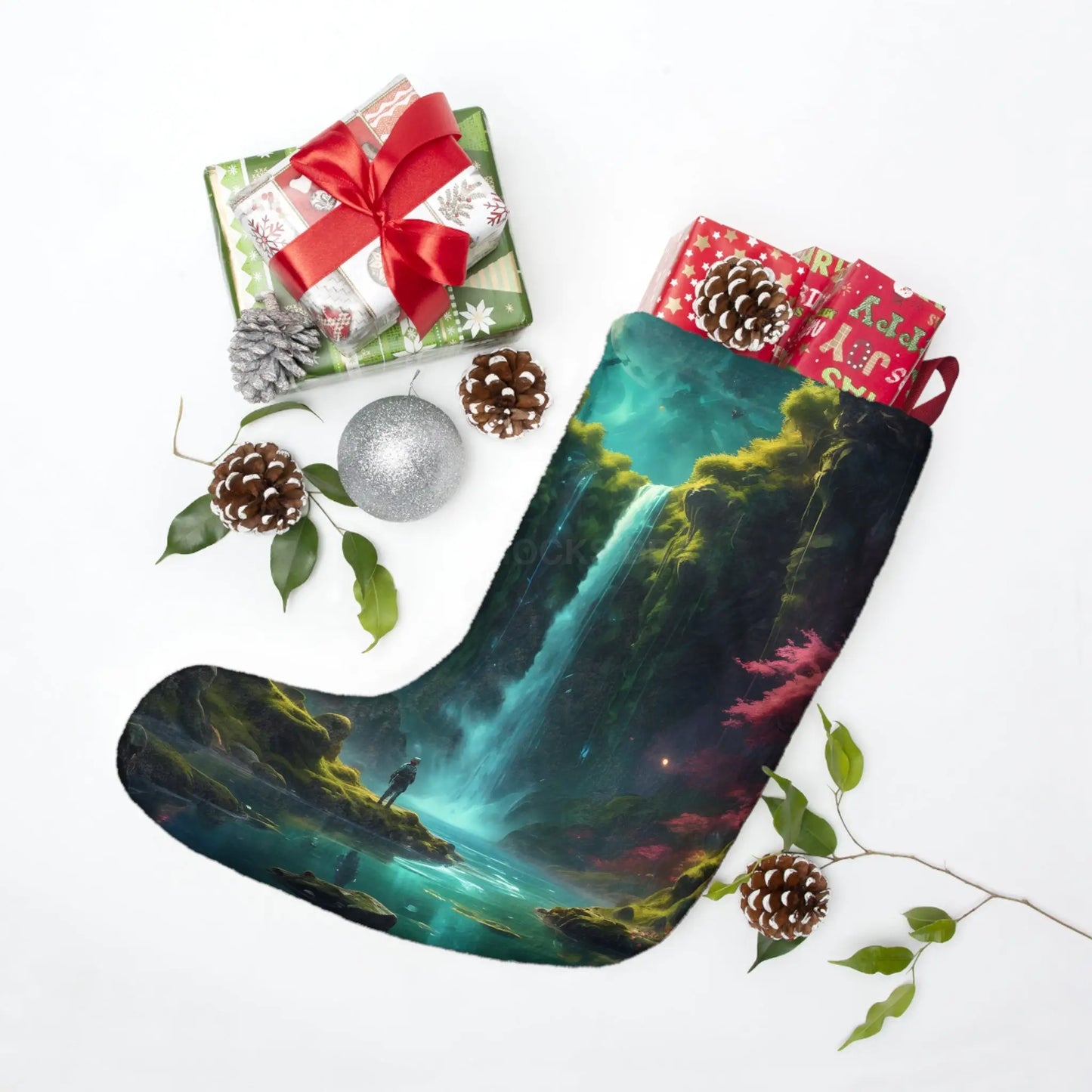 Waterfall Fantasy Christmas Stocking — Scenic Magical Landscape Holiday Decoration - One size - Home Decor