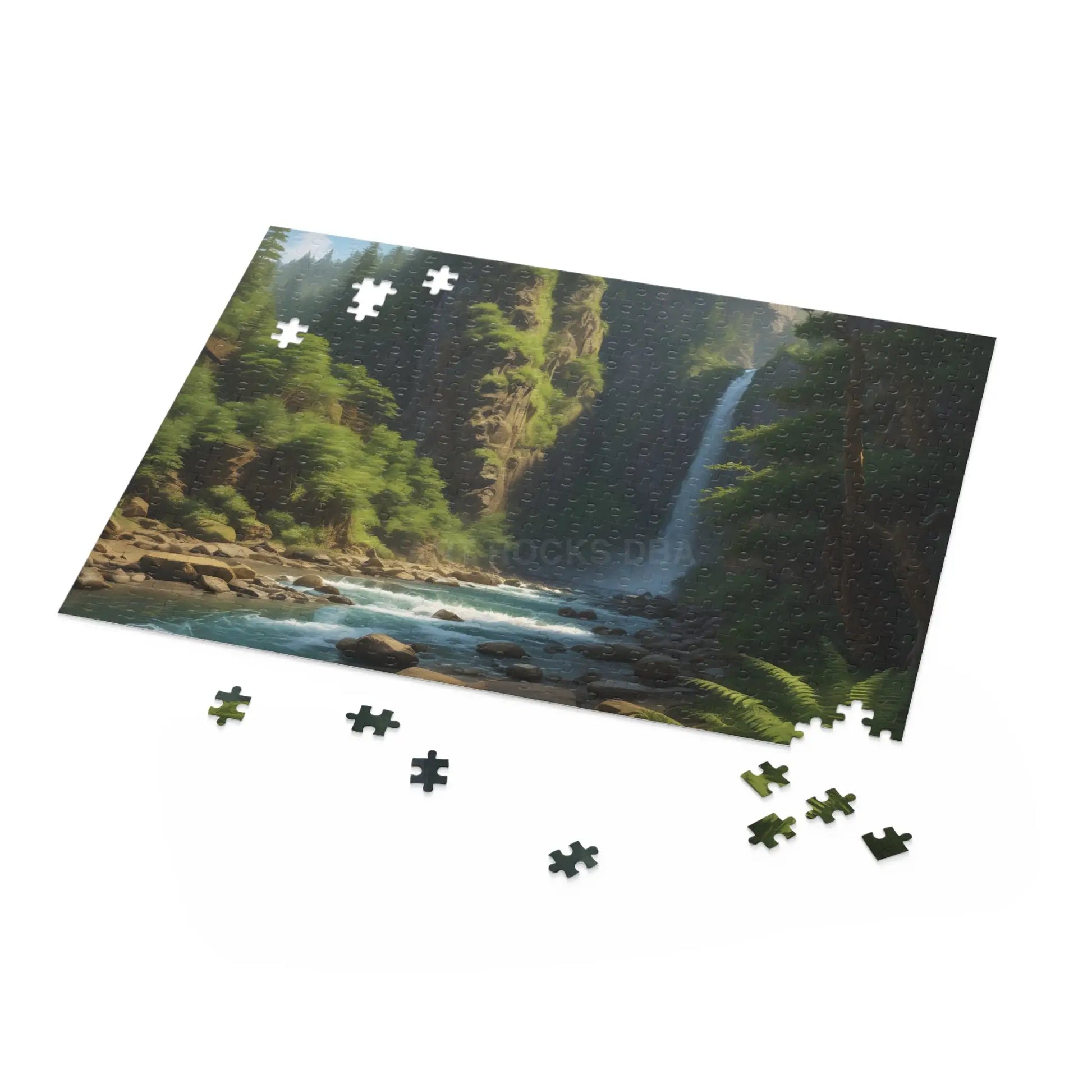Waterfall Fern Forest Puzzle — Scenic River Gorge Jigsaw (120/252/500 pcs) - Puzzle