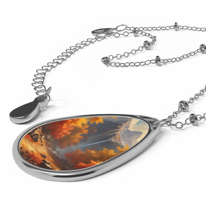 Waterfall in an Autumn Forest Oval Necklace - One Size / Silver - Accessories