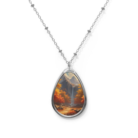 Waterfall in an Autumn Forest Oval Necklace - One Size / Silver - Accessories