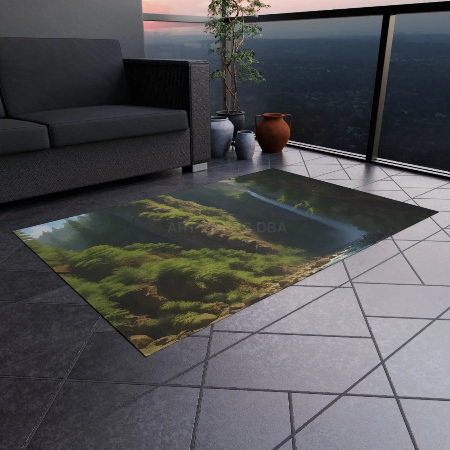 Waterfall in The Ferns Outdoor Rug Ideal for Patios Camping or Gardens Perfect for Relaxing Entertaining or Decor