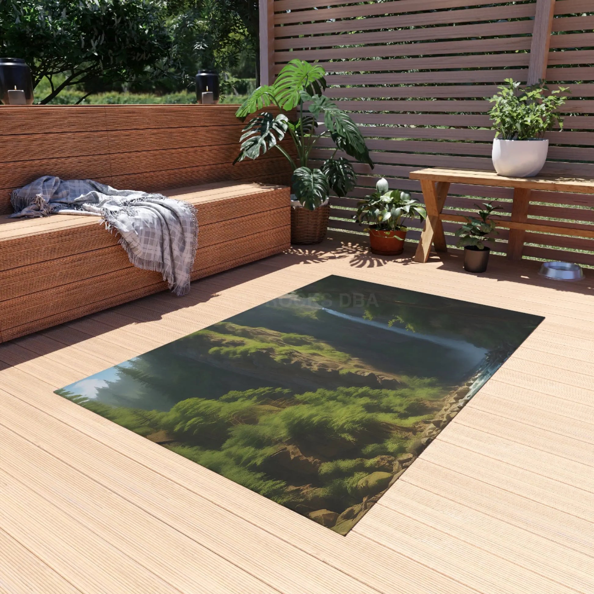 Waterfall in The Ferns Outdoor Rug Ideal for Patios Camping or Gardens Perfect for Relaxing Entertaining or Decor