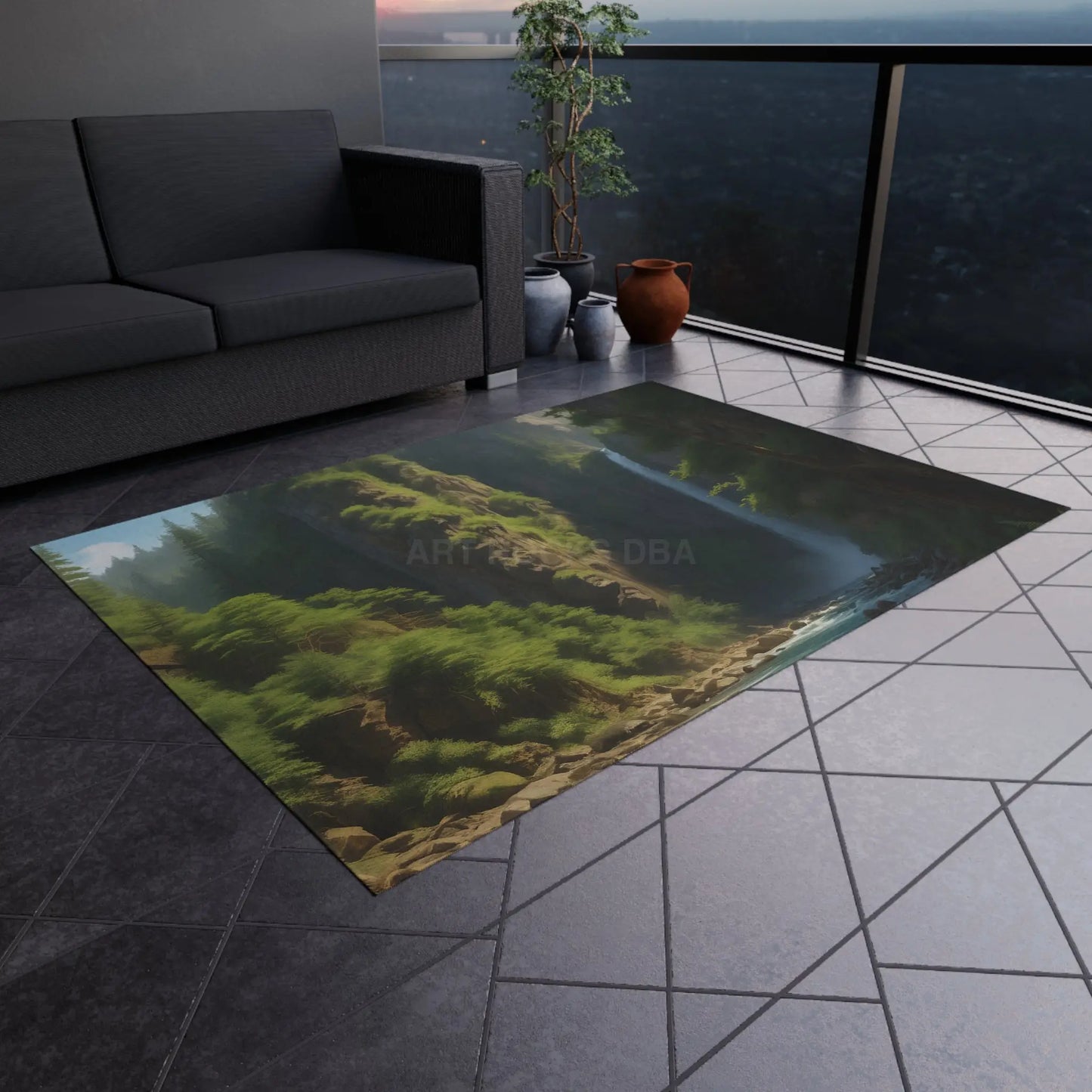 Waterfall in The Ferns Outdoor Rug Ideal for Patios Camping or Gardens Perfect for Relaxing Entertaining or Decor