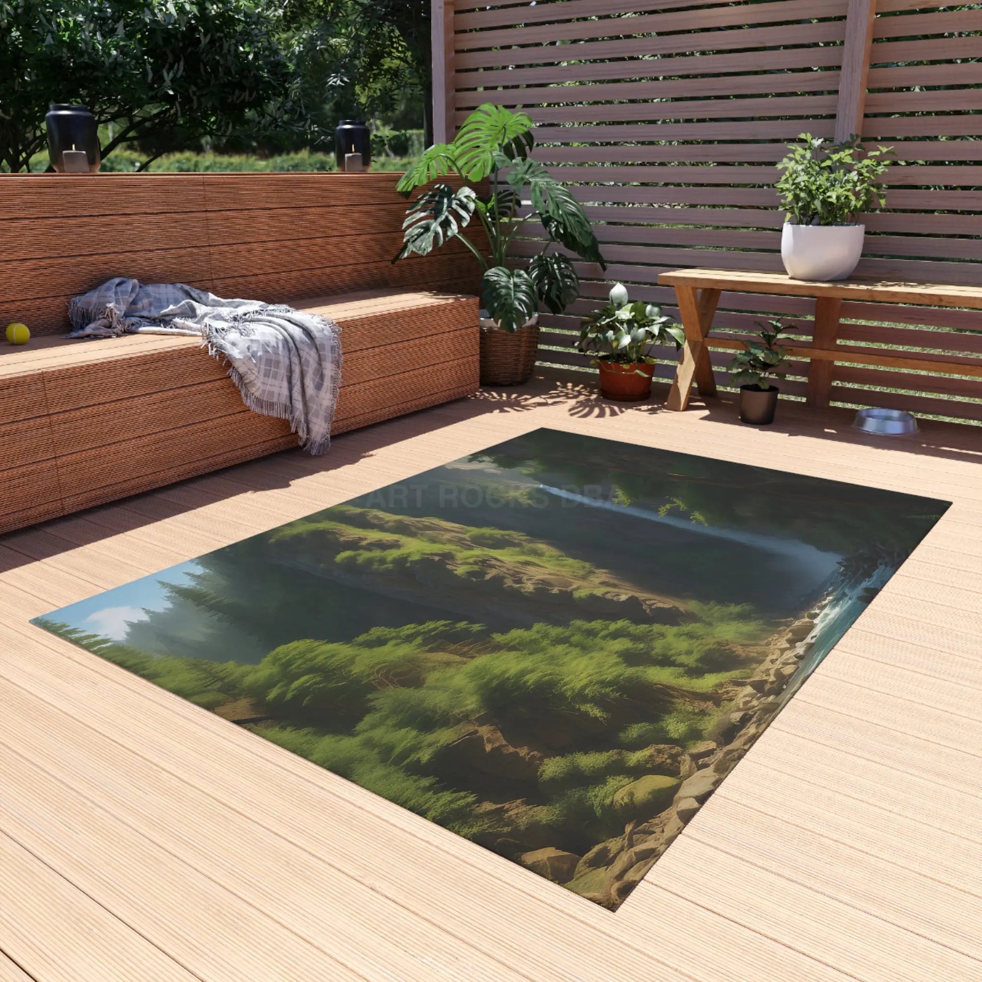 Waterfall in The Ferns Outdoor Rug Ideal for Patios Camping or Gardens Perfect for Relaxing Entertaining or Decor