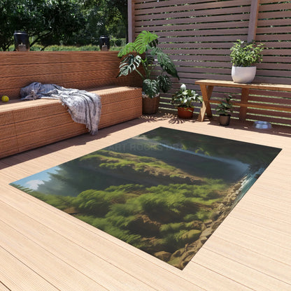 Waterfall in The Ferns Outdoor Rug Ideal for Patios Camping or Gardens Perfect for Relaxing Entertaining or Decor