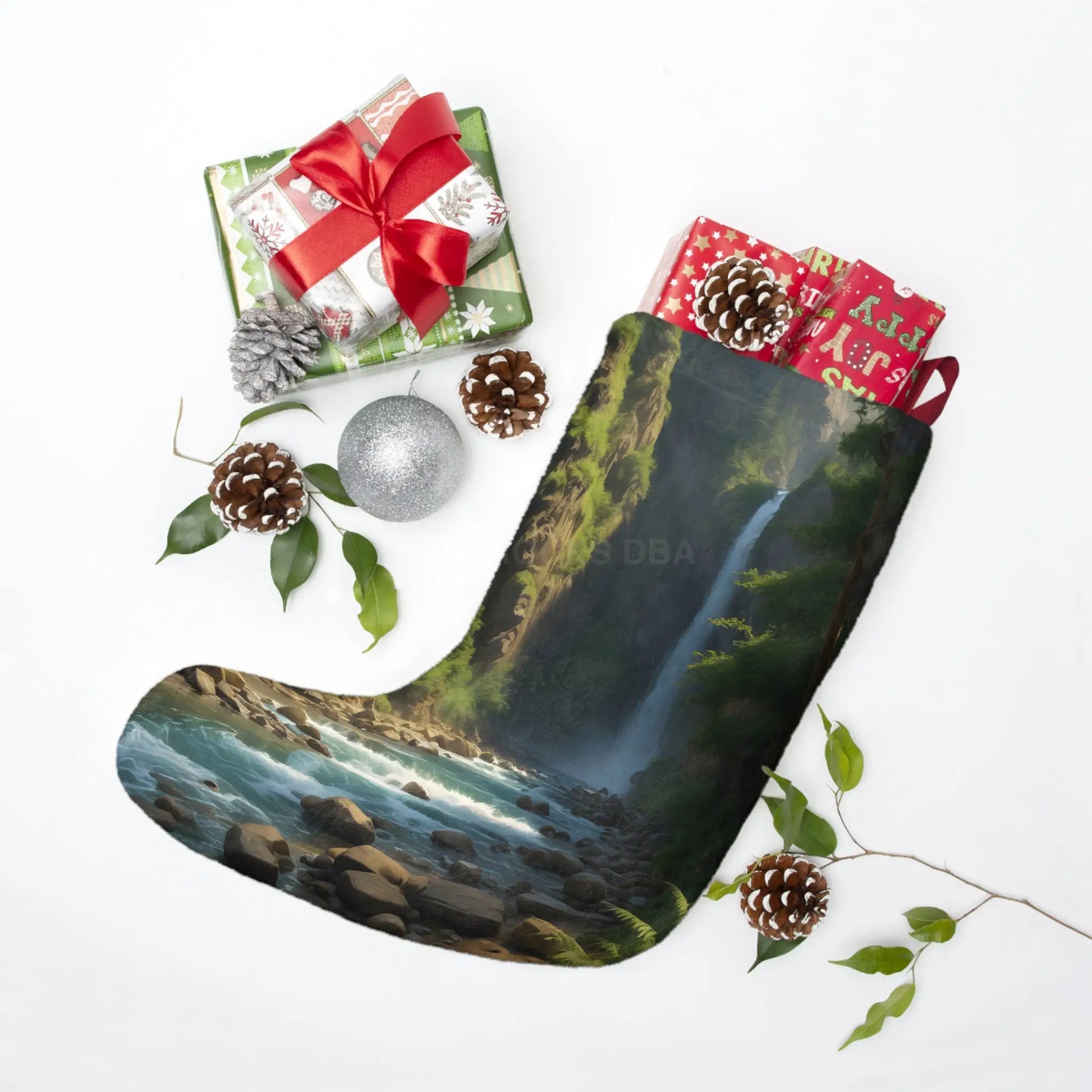 Waterfall River Christmas Stocking — Scenic Nature Holiday Decor - One size - Home Decor