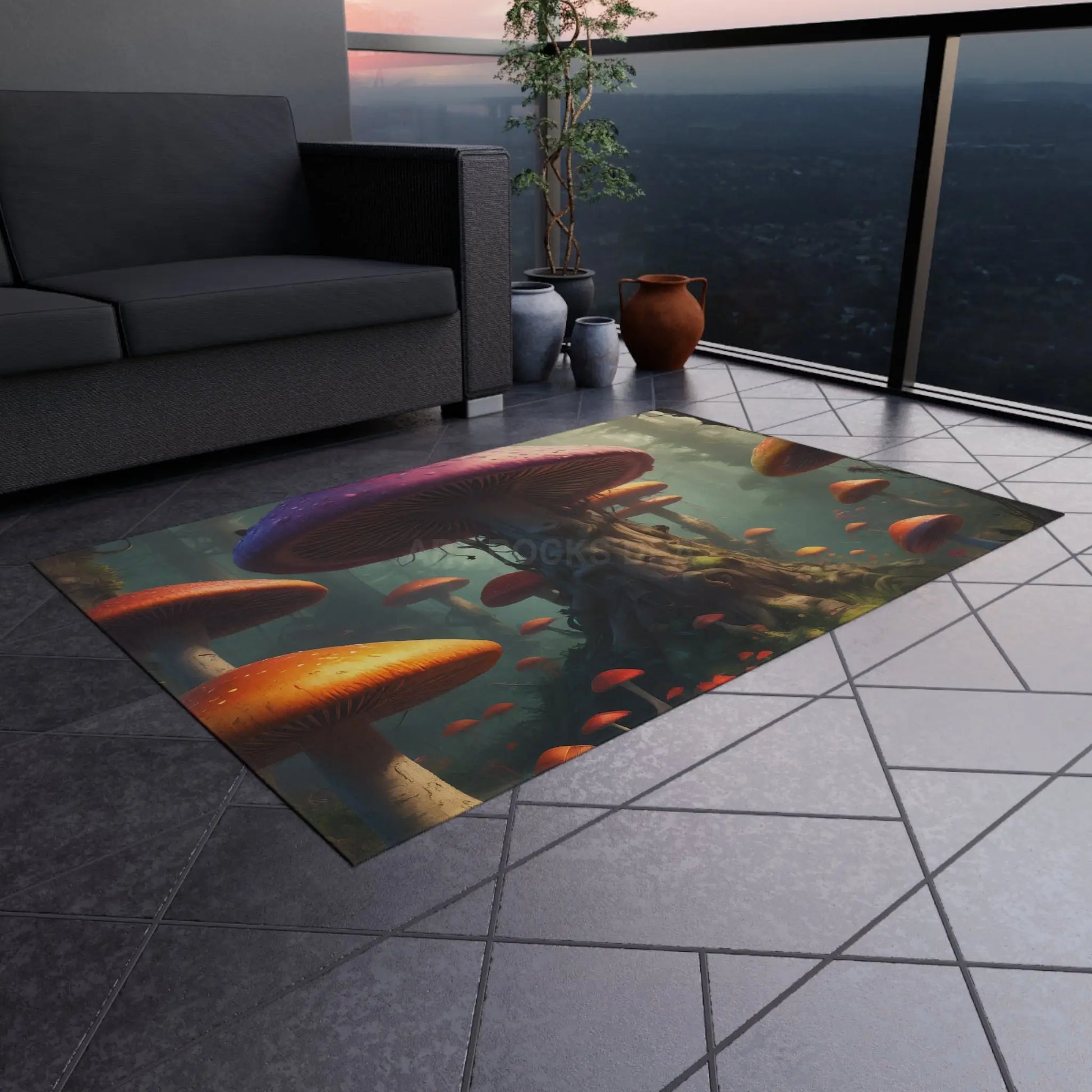 Whimsical Mushroom Forest Outdoor Rug Nature-Inspired Patio Decor Garden Party Mat Bohemian Outdoor Living Rustic Charm