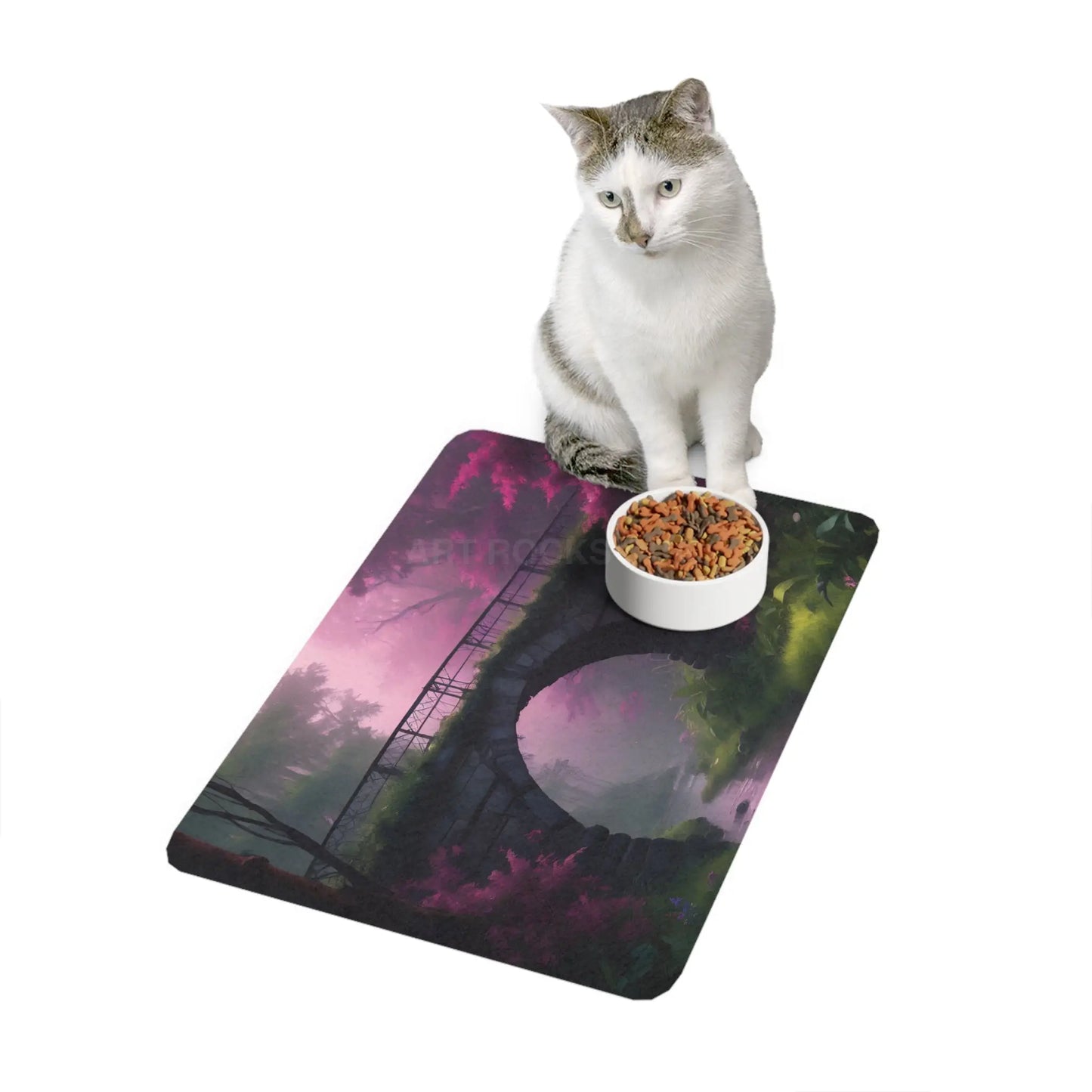 Whimsical Pink Forest Bridge Pet Food Mat (12x18) - 12’’ × 18’’ / Rectangle - Pets
