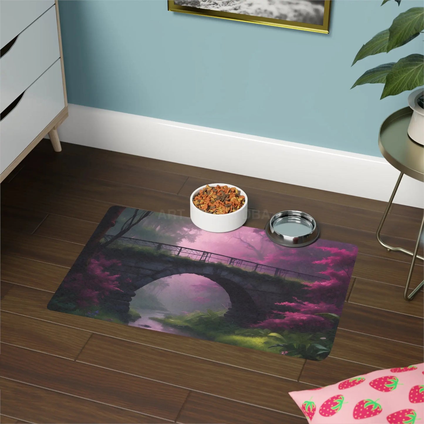Whimsical Pink Forest Bridge Pet Food Mat (12x18) - 12’’ × 18’’ / Rectangle - Pets