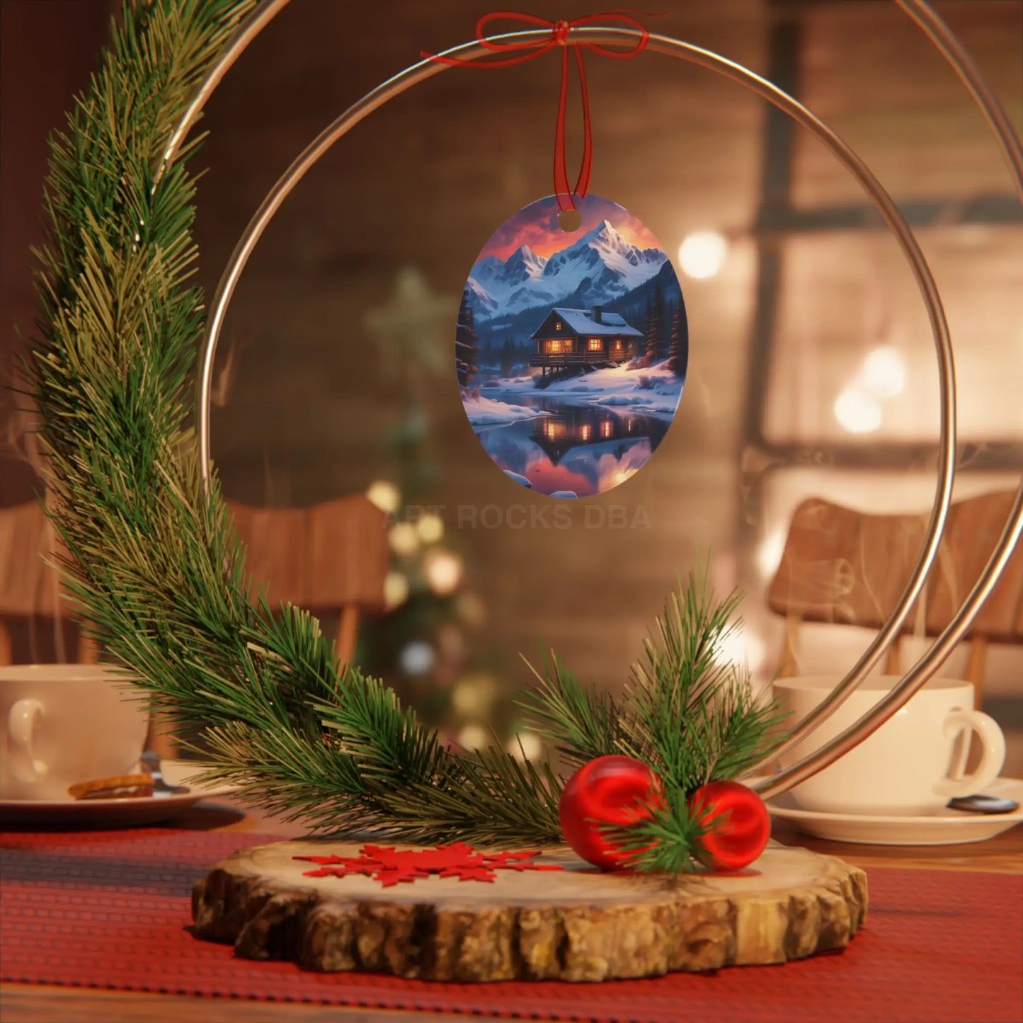 Winter Cabin Bell Ornament — Metal Holiday Christmas Tree Decoration - Home Decor