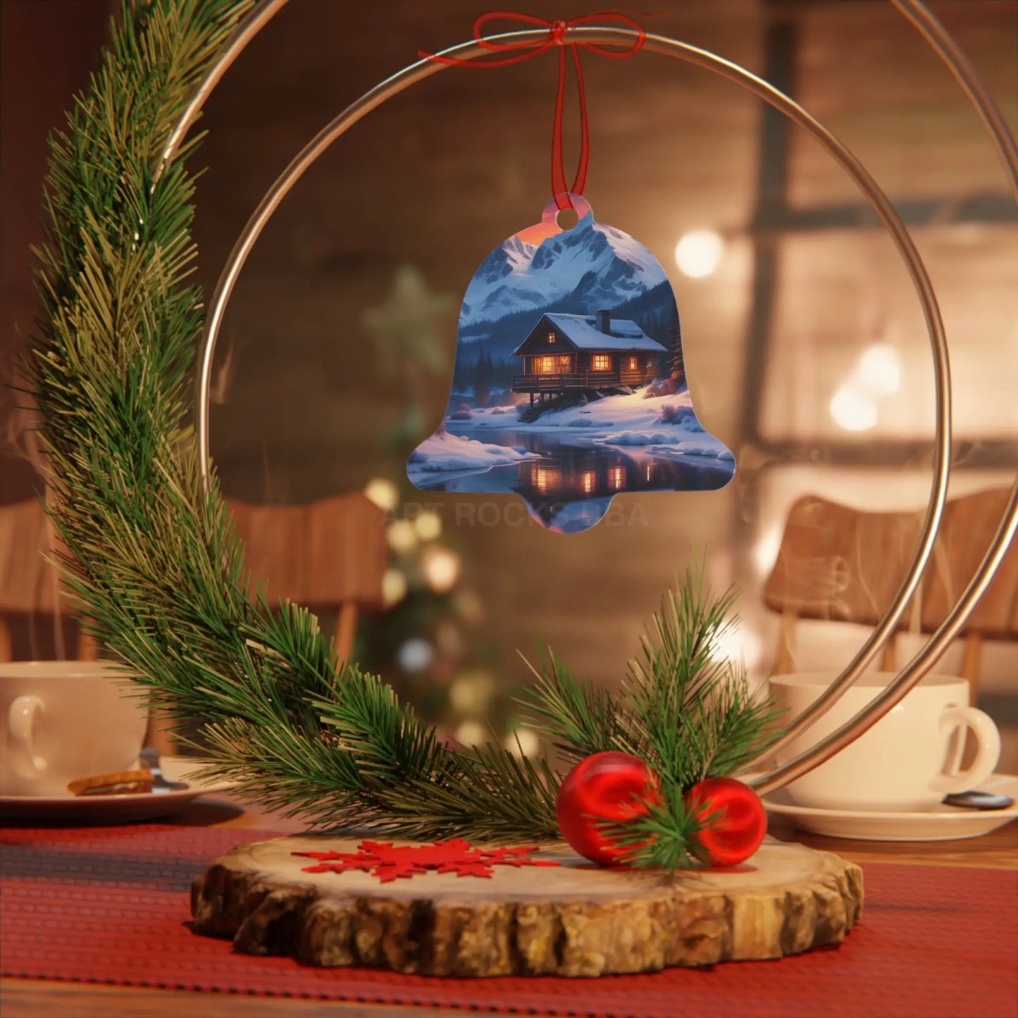 Winter Cabin Bell Ornament — Metal Holiday Christmas Tree Decoration - Home Decor