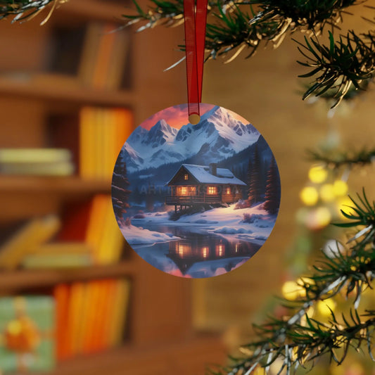 Winter Cabin Bell Ornament — Metal Holiday Christmas Tree Decoration - Round / One Size - Home Decor