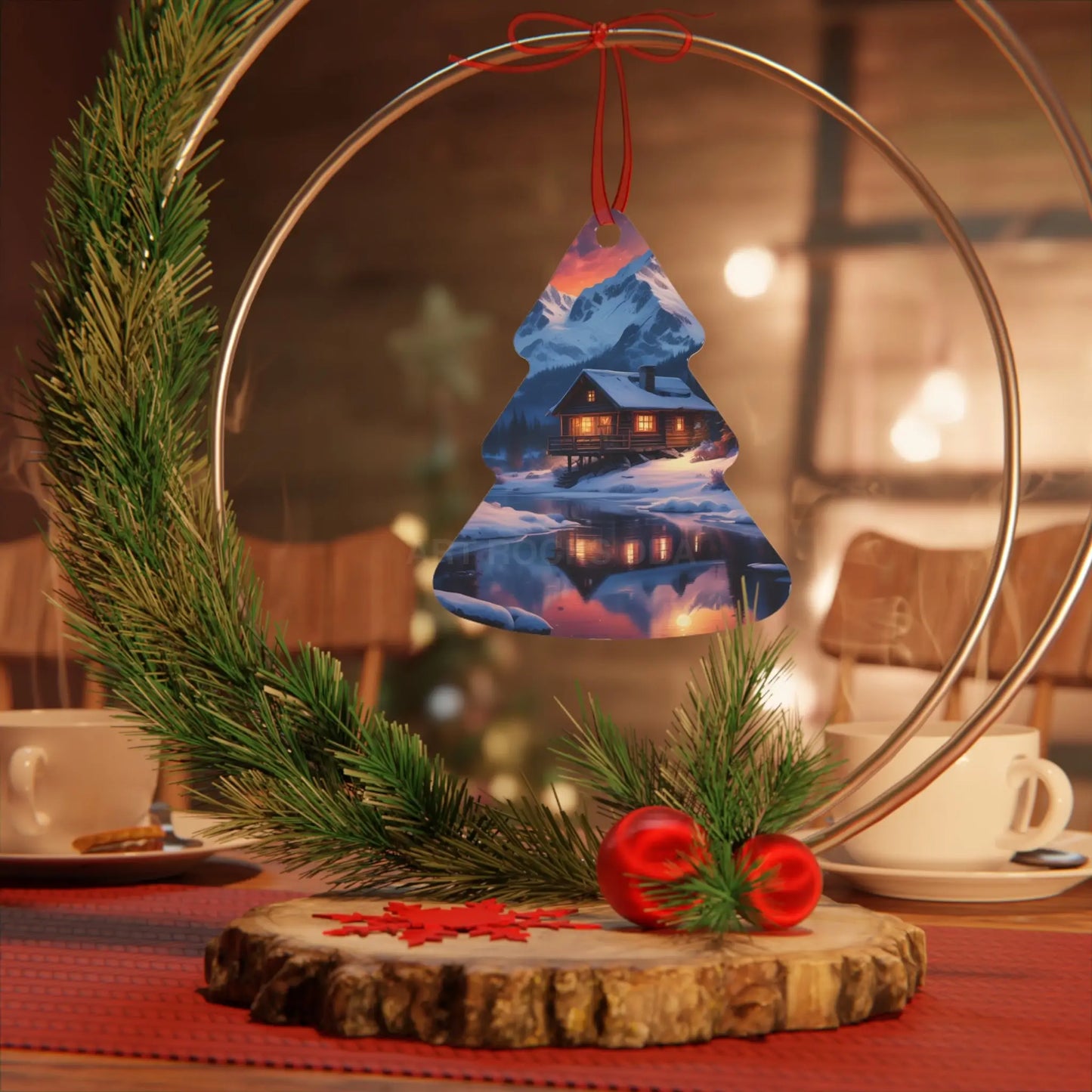 Winter Cabin Bell Ornament — Metal Holiday Christmas Tree Decoration - Home Decor