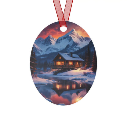 Winter Cabin Bell Ornament — Metal Holiday Christmas Tree Decoration - Oval / One Size - Home Decor