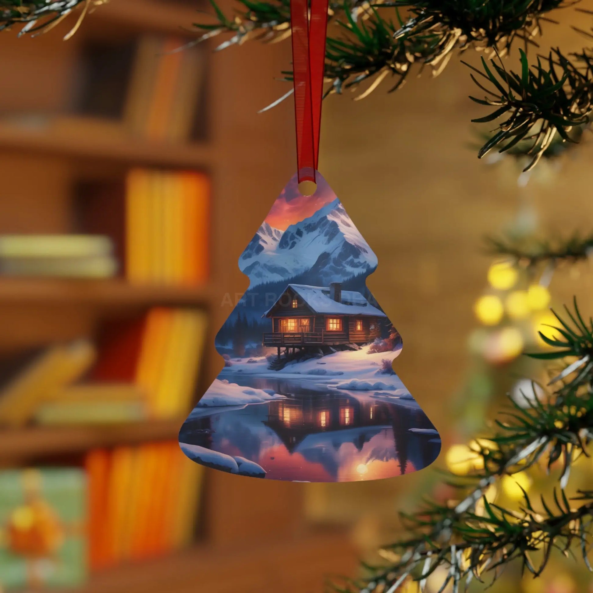Winter Cabin Bell Ornament — Metal Holiday Christmas Tree Decoration - Home Decor