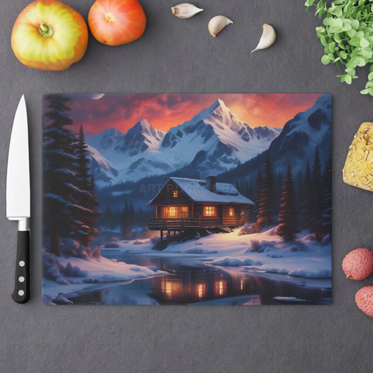 Winter Cabin Cutting Board – Scenic Mountain Lodge Kitchen Board - Large - Home Decor