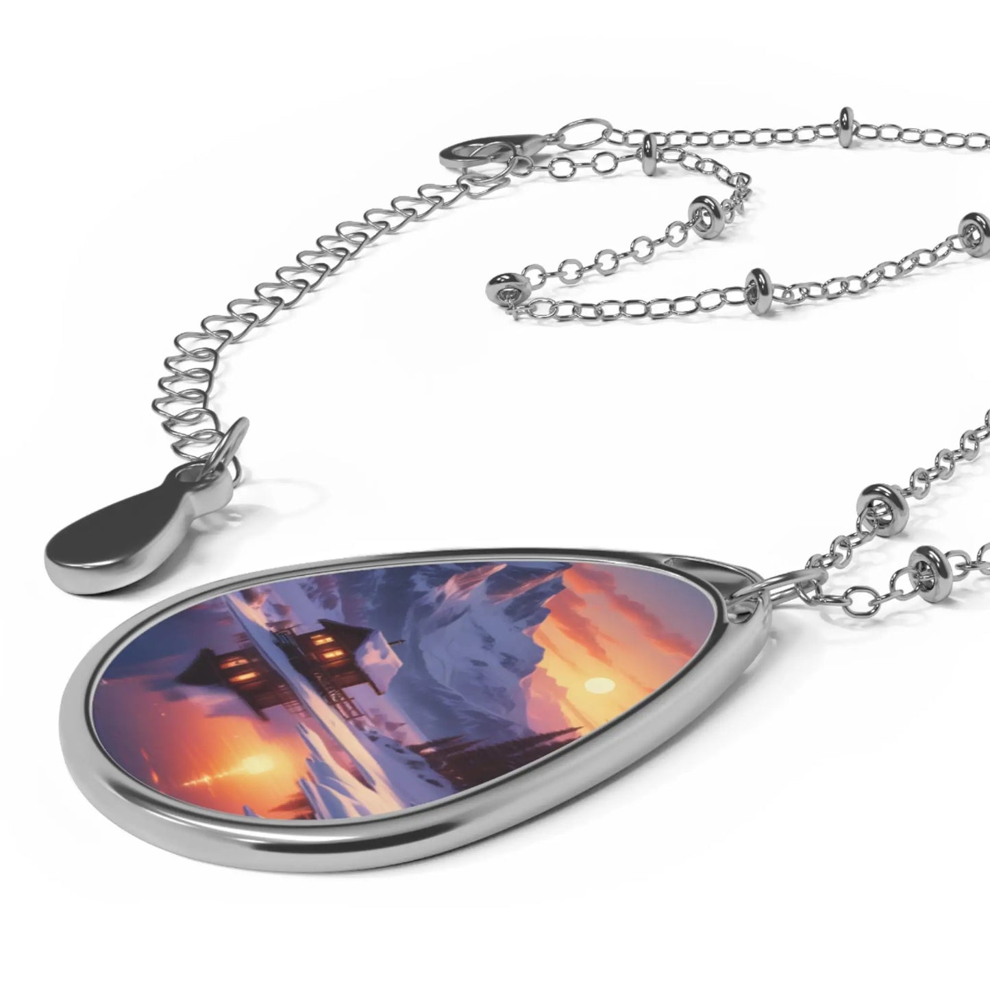 Winter Lake Cabin at Sunset Oval Necklace - One Size / Silver - Accessories