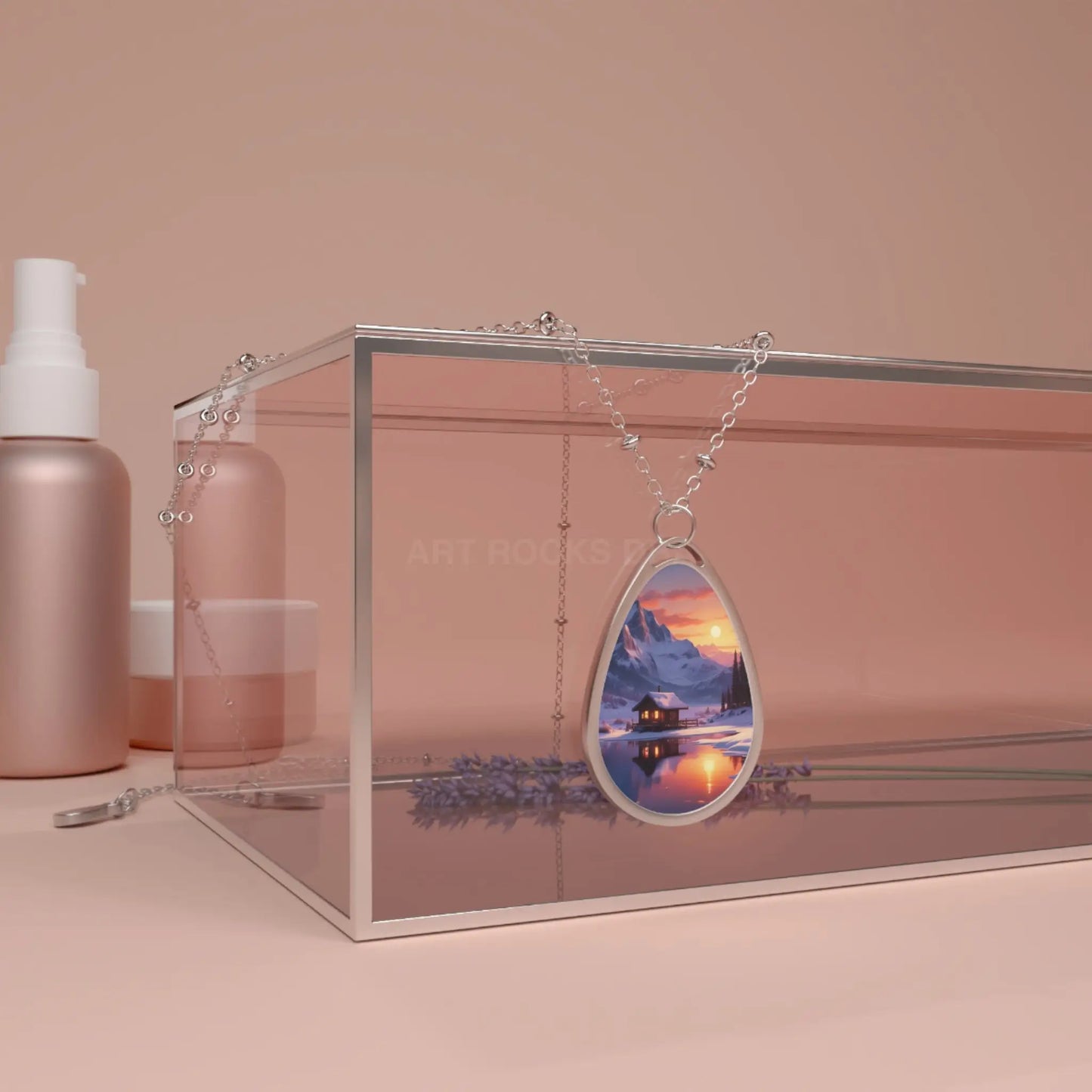 Winter Lake Cabin at Sunset Oval Necklace - One Size / Silver - Accessories