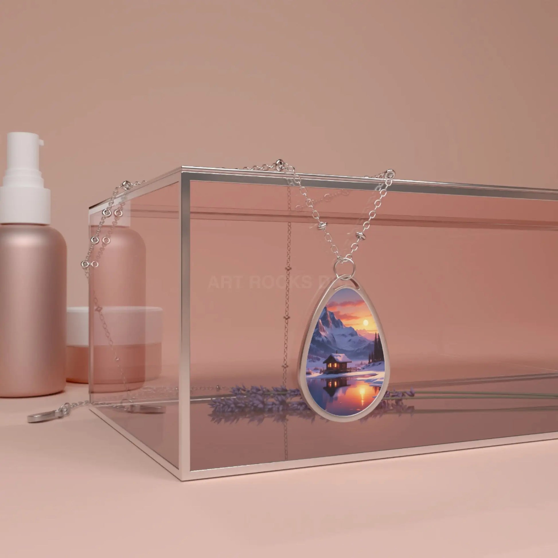 Winter Lake Cabin at Sunset Oval Necklace - One Size / Silver - Accessories