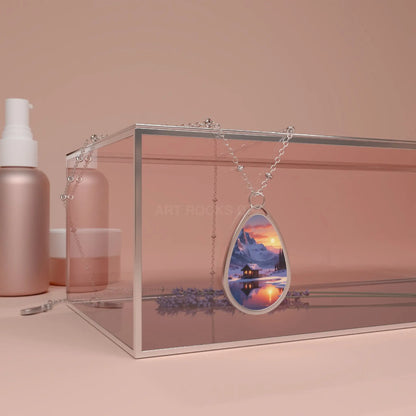 Winter Lake Cabin at Sunset Oval Necklace - One Size / Silver - Accessories