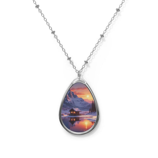 Winter Lake Cabin at Sunset Oval Necklace - One Size / Silver - Accessories