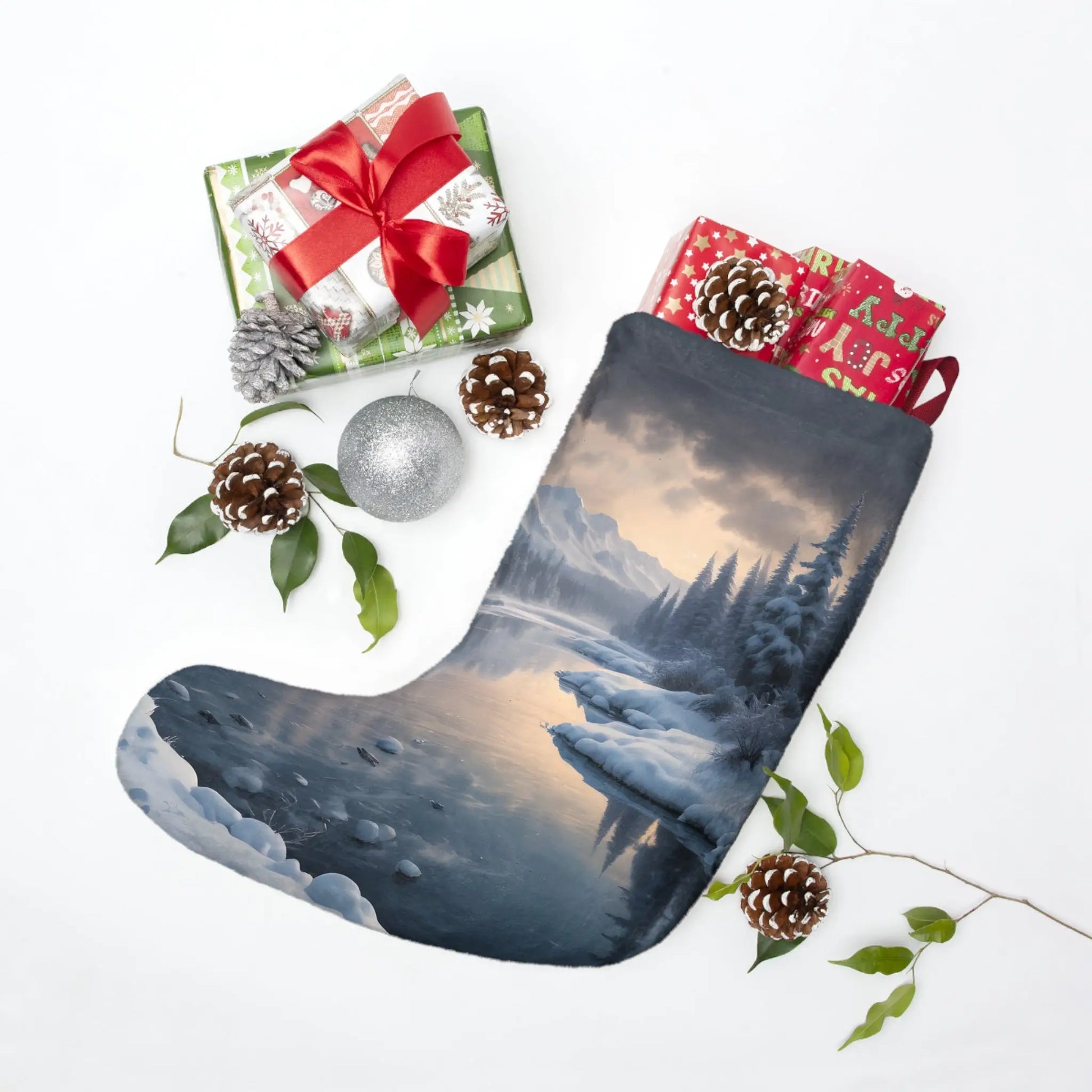Winter Lake Christmas Stocking — Scenic Snowy Mountain Holiday Decor - One size - Home Decor
