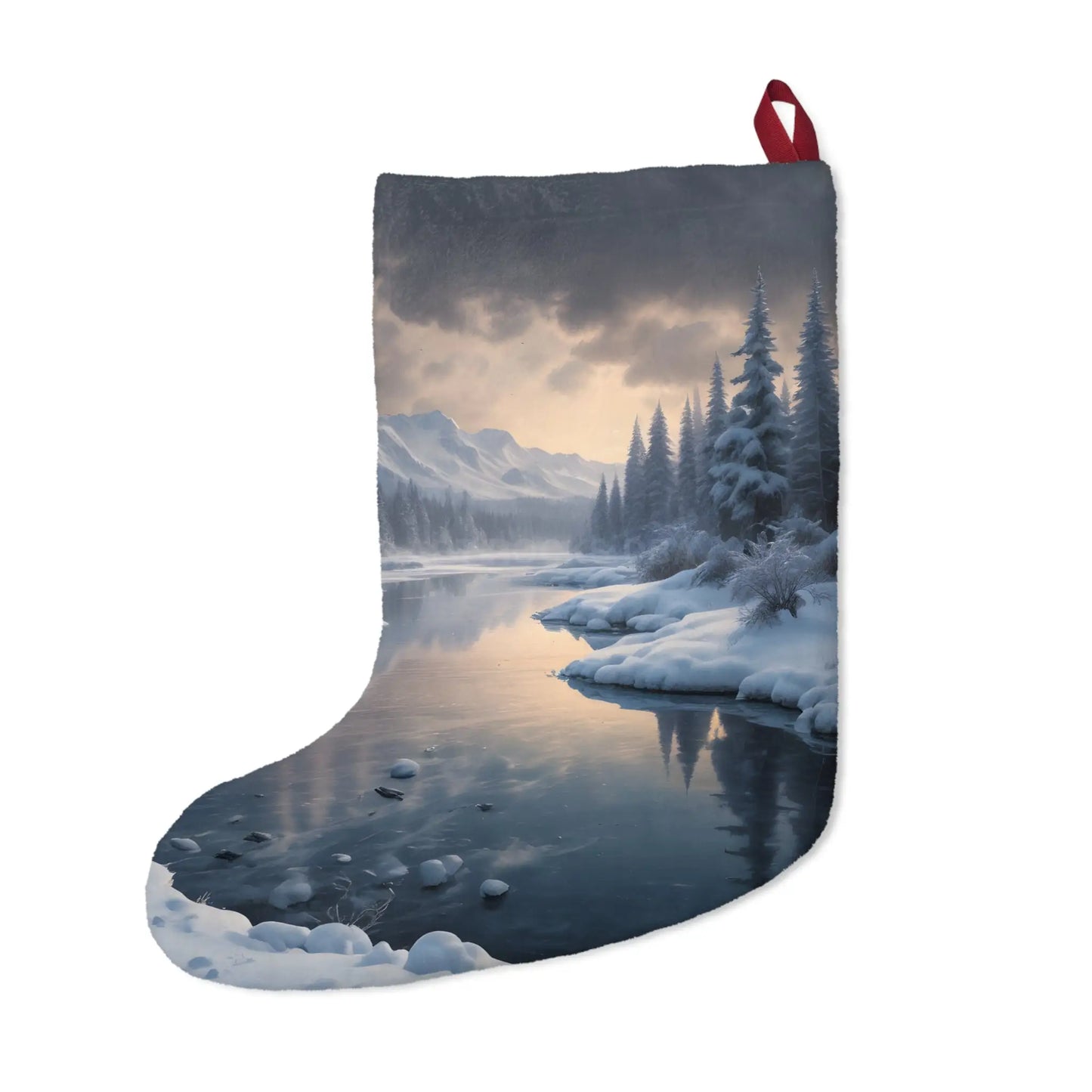 Winter Lake Christmas Stocking — Scenic Snowy Mountain Holiday Decor - One size - Home Decor