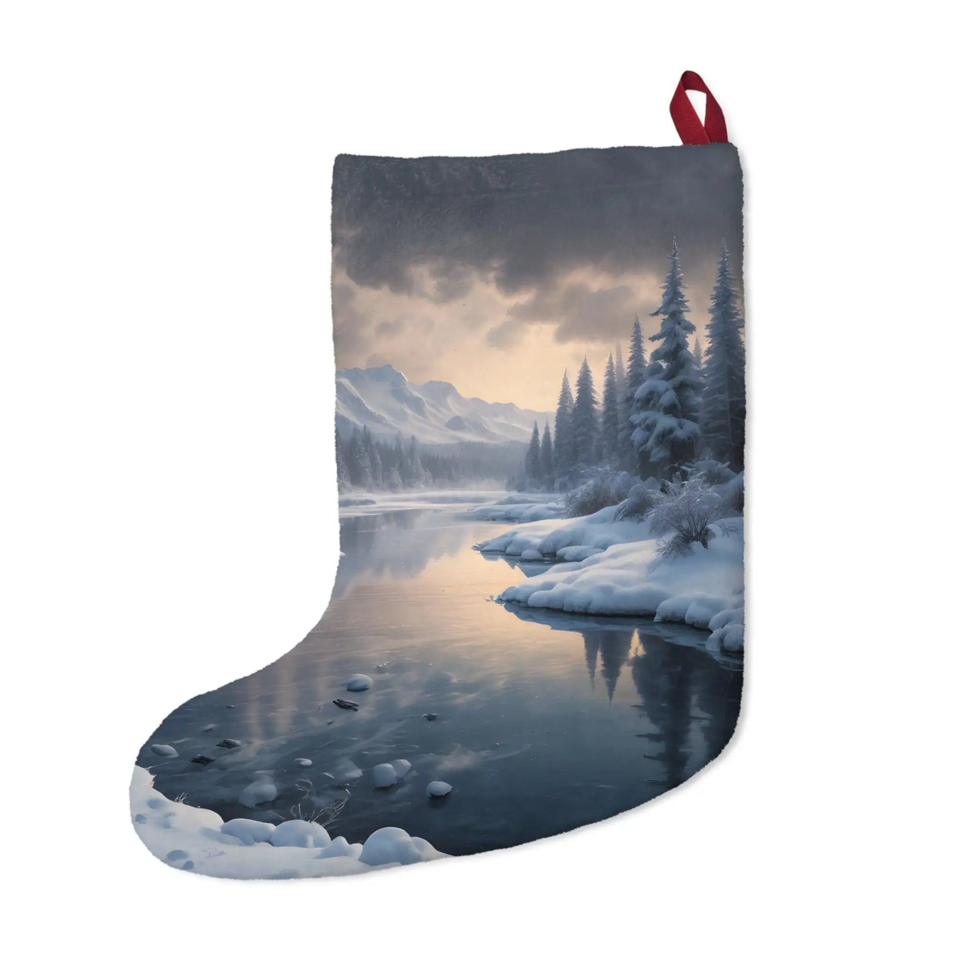 Winter Lake Christmas Stocking — Scenic Snowy Mountain Holiday Decor - One size - Home Decor