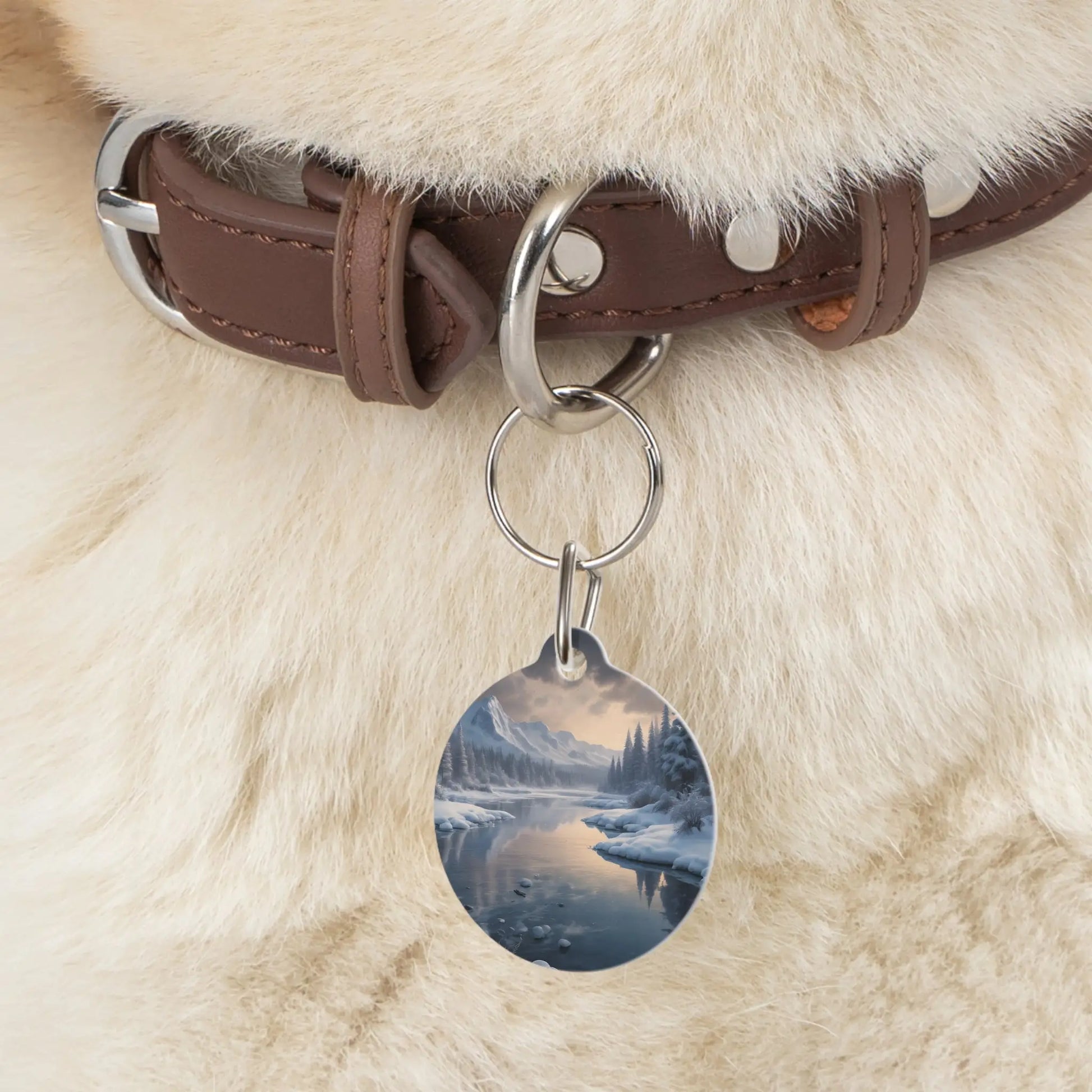 Winter Lake Pet Tag — Scenic Snowy Mountain Dog ID Tag - 1’’ - Pets