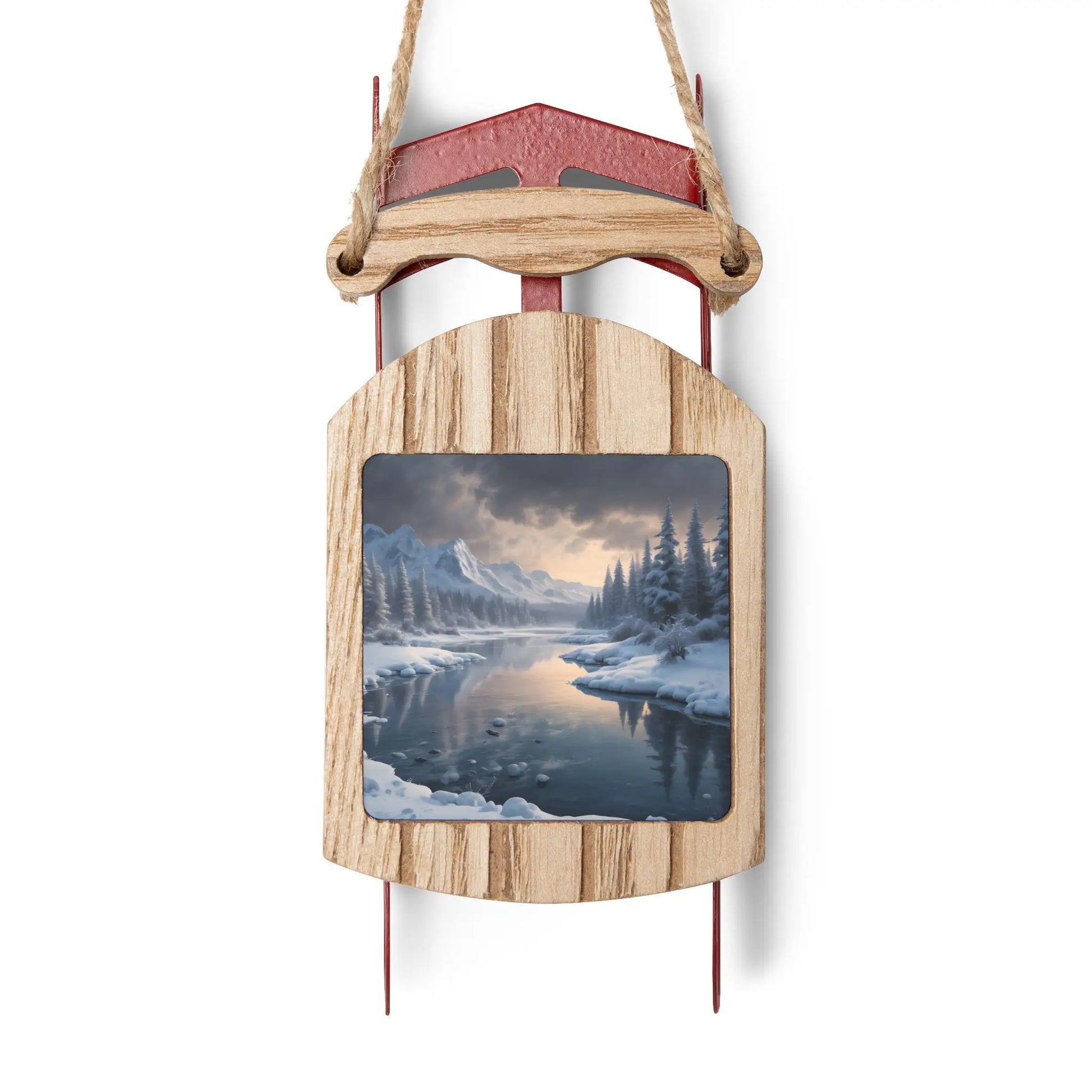 Winter Lake Sled Ornament — Rustic Holiday Sled Christmas Ornament - 2.1’’ × 4.6’’ / 1 pc - Home Decor