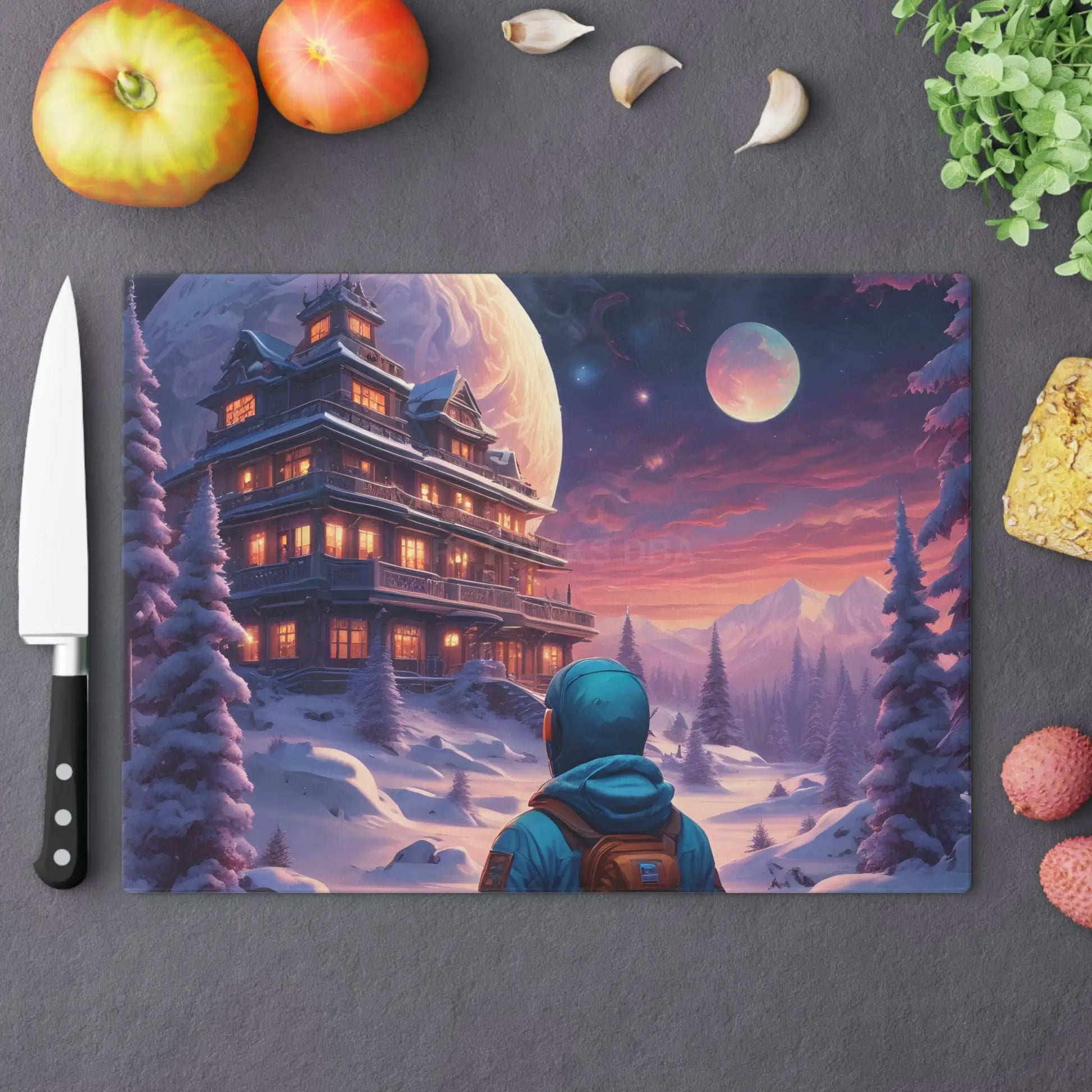 Winter Lodge Scene Cutting Board — Astronaut Explorer Snowy Chalet Kitchen Decor - Large - Home Decor
