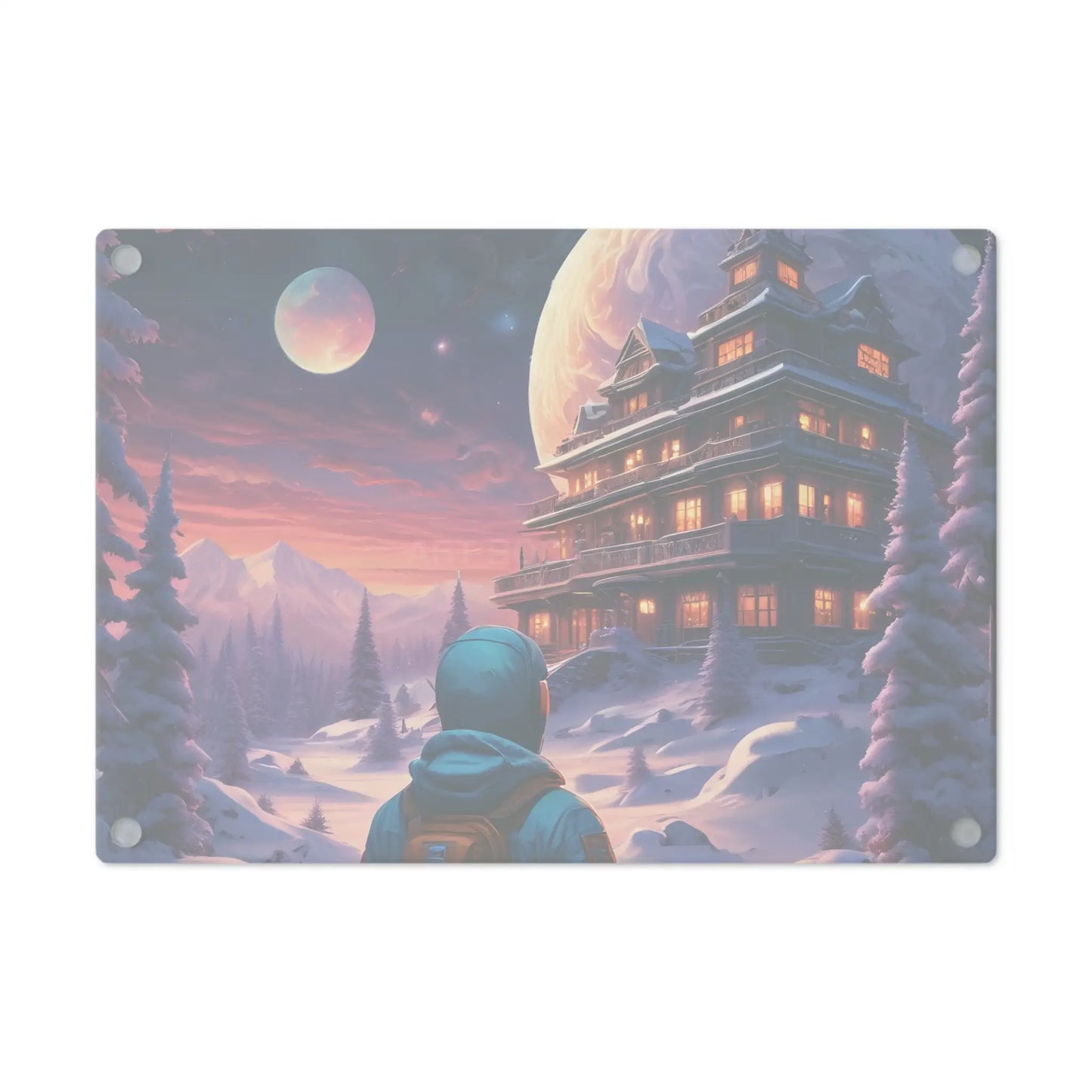 Winter Lodge Scene Cutting Board — Astronaut Explorer Snowy Chalet Kitchen Decor - Home Decor
