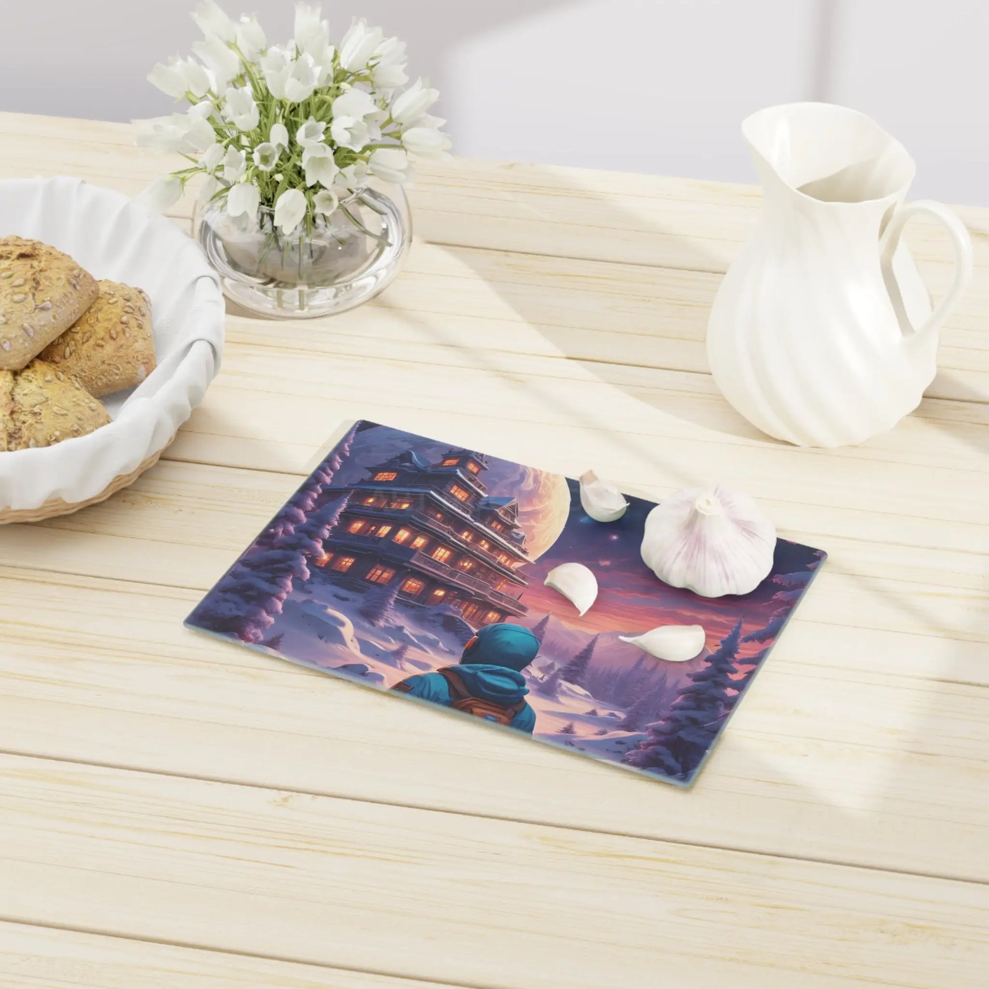 Winter Lodge Scene Cutting Board — Astronaut Explorer Snowy Chalet Kitchen Decor - Home Decor