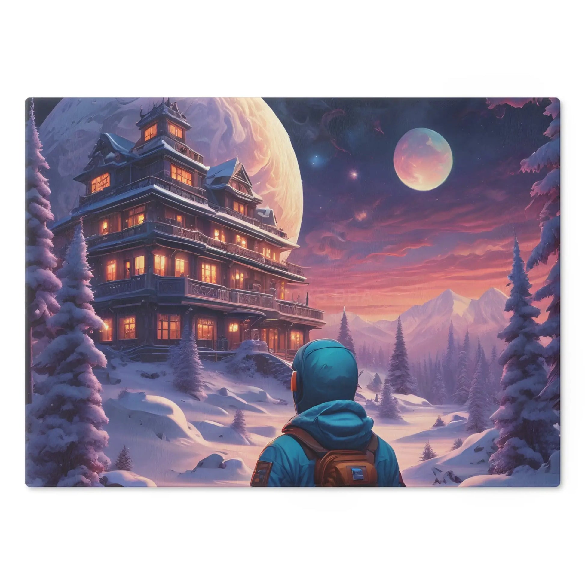 Winter Lodge Scene Cutting Board — Astronaut Explorer Snowy Chalet Kitchen Decor - Home Decor