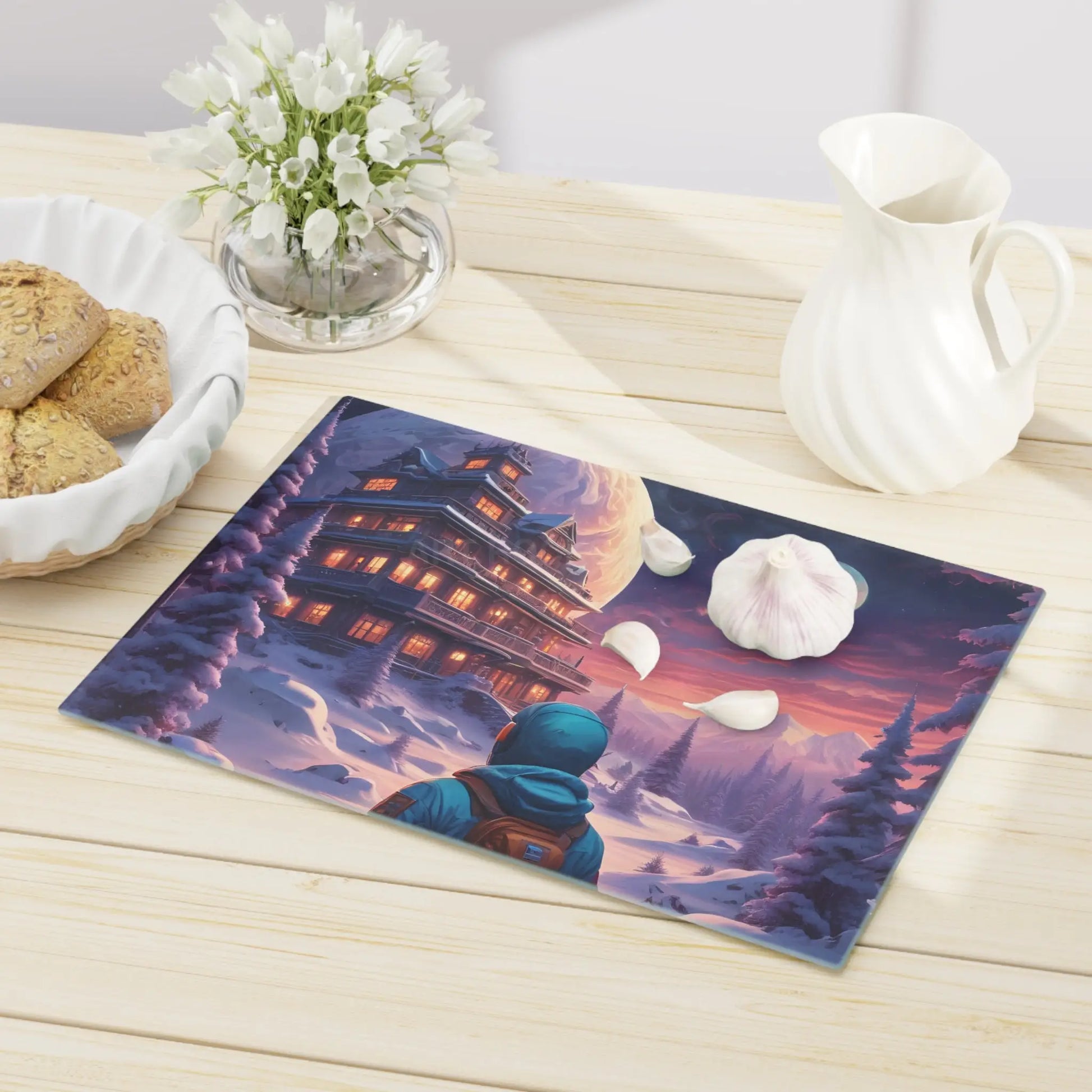 Winter Lodge Scene Cutting Board — Astronaut Explorer Snowy Chalet Kitchen Decor - Home Decor