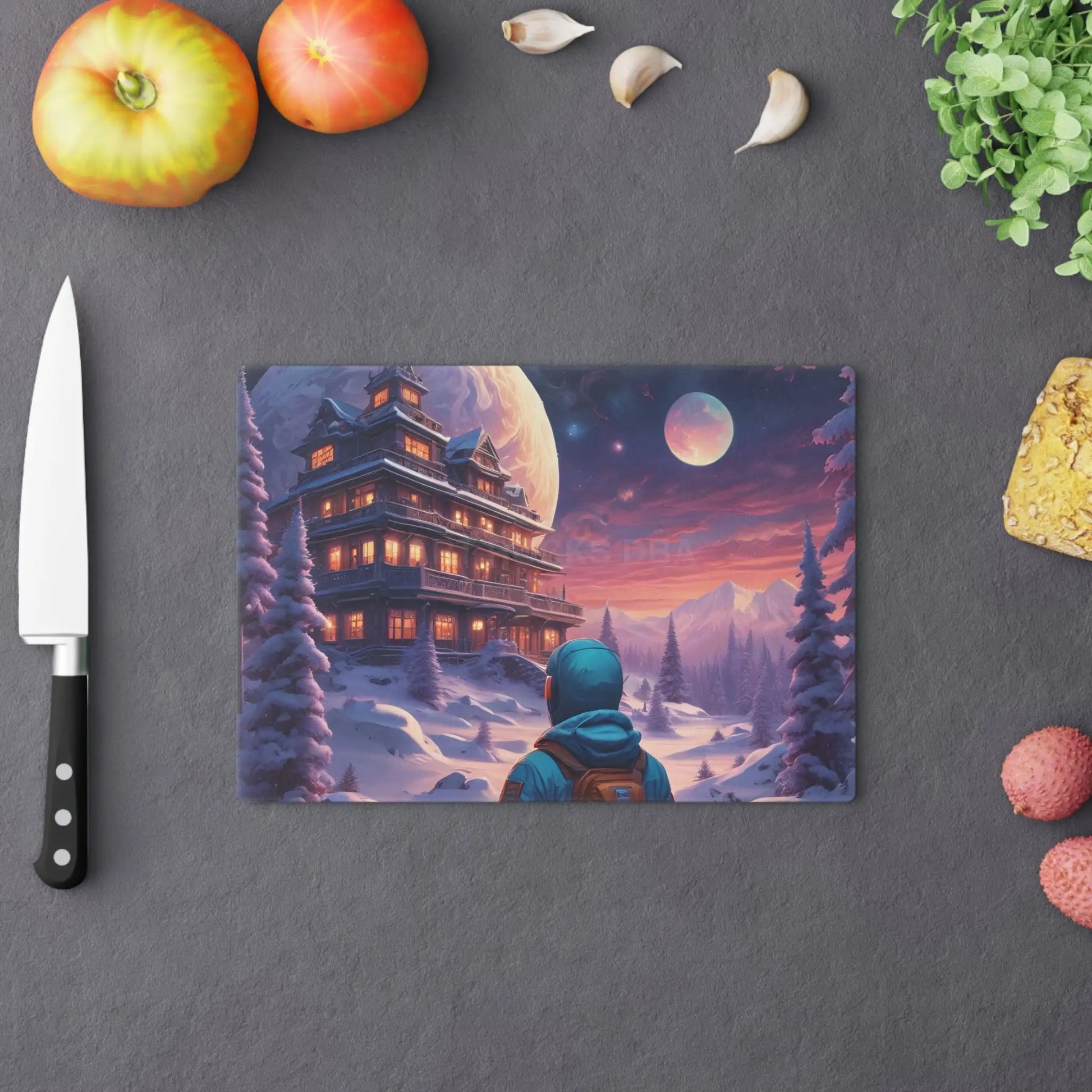 Winter Lodge Scene Cutting Board — Astronaut Explorer Snowy Chalet Kitchen Decor - Home Decor