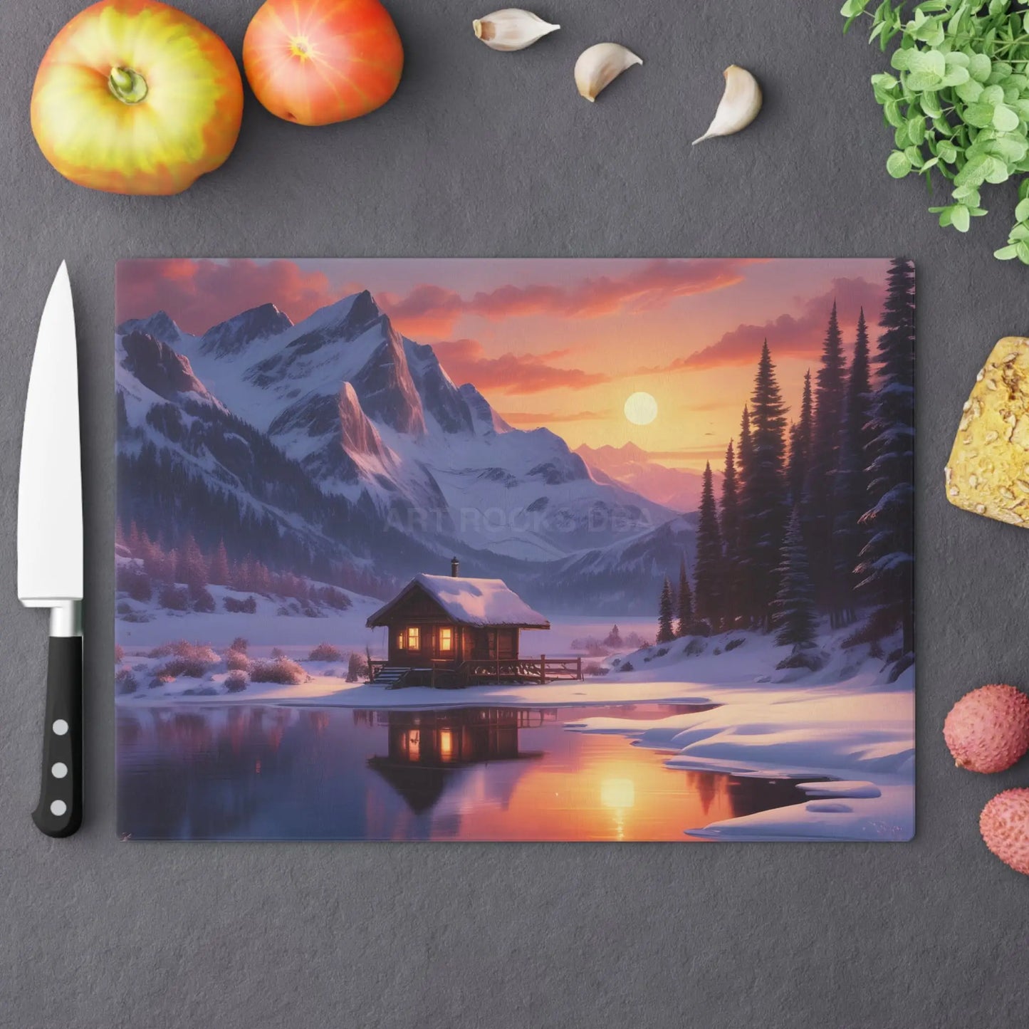 Winter Mountain Cabin Glass Cutting Board — Mountain Sunset Kitchen Decor - Large - Home Decor