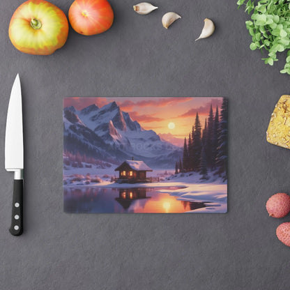 Winter Mountain Cabin Glass Cutting Board — Mountain Sunset Kitchen Decor - Home Decor