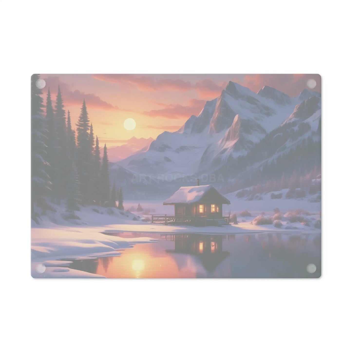 Winter Mountain Cabin Glass Cutting Board — Mountain Sunset Kitchen Decor - Home Decor