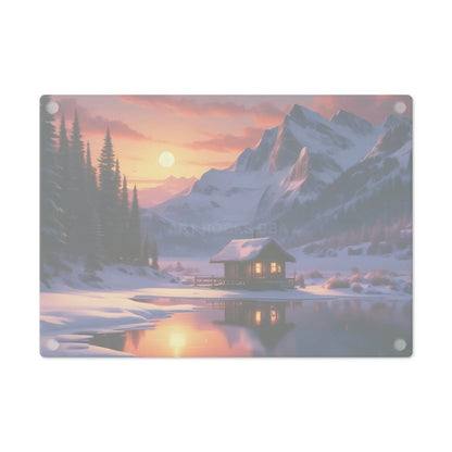 Winter Mountain Cabin Glass Cutting Board — Mountain Sunset Kitchen Decor - Home Decor