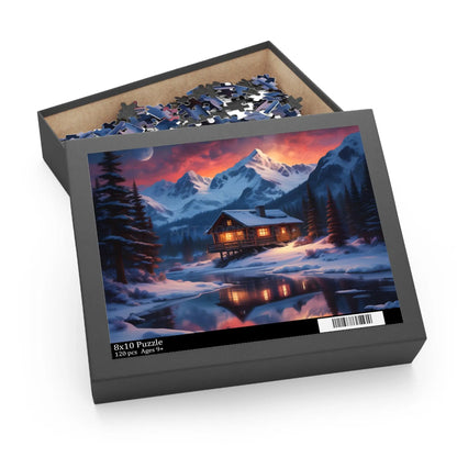 Winter Mountain Cabin on the Lake Jigsaw Puzzle — (120/252/500-Piece) - 10’’ × 8’’ (120 pcs) - Puzzle