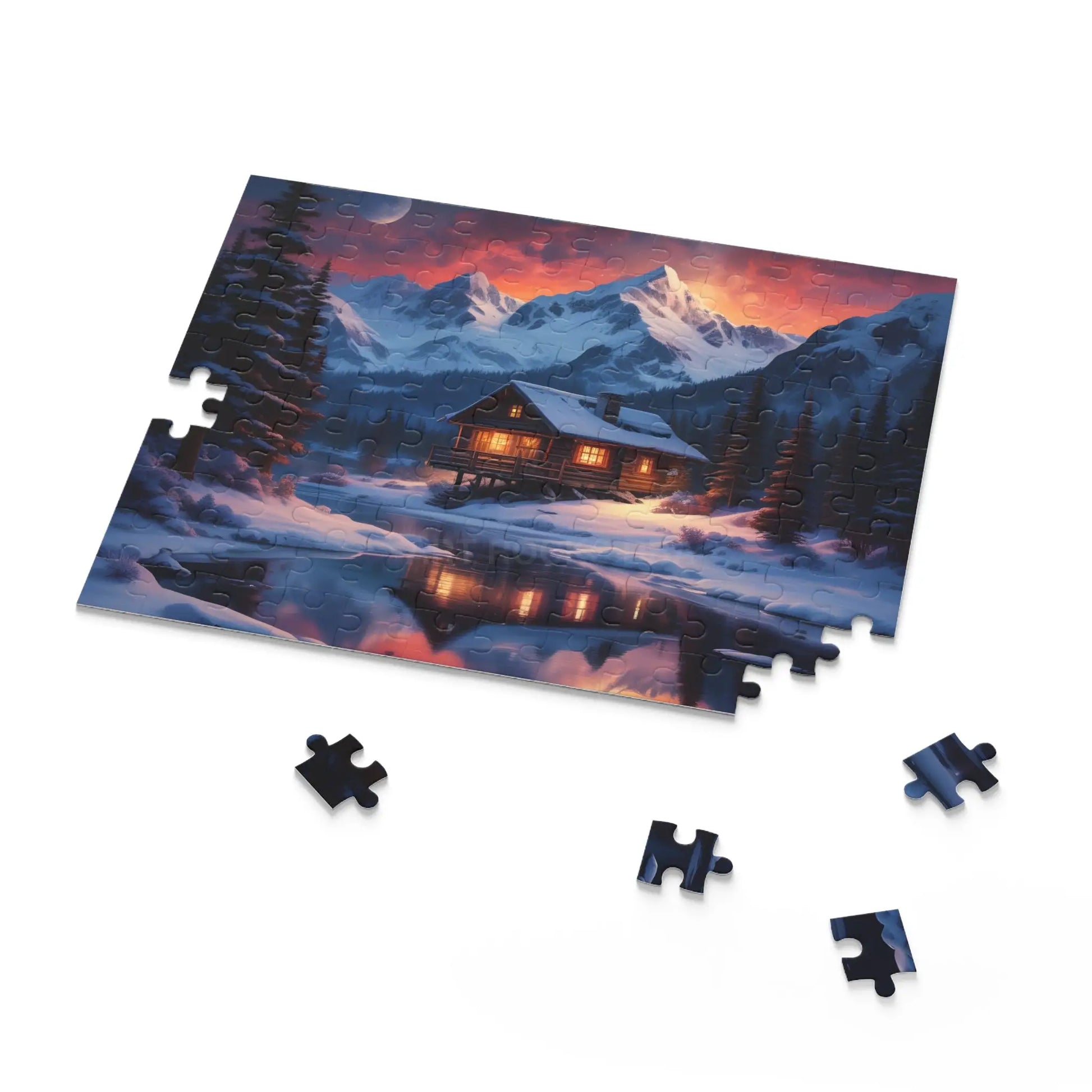 Winter Mountain Cabin on the Lake Jigsaw Puzzle — (120/252/500-Piece) - Puzzle