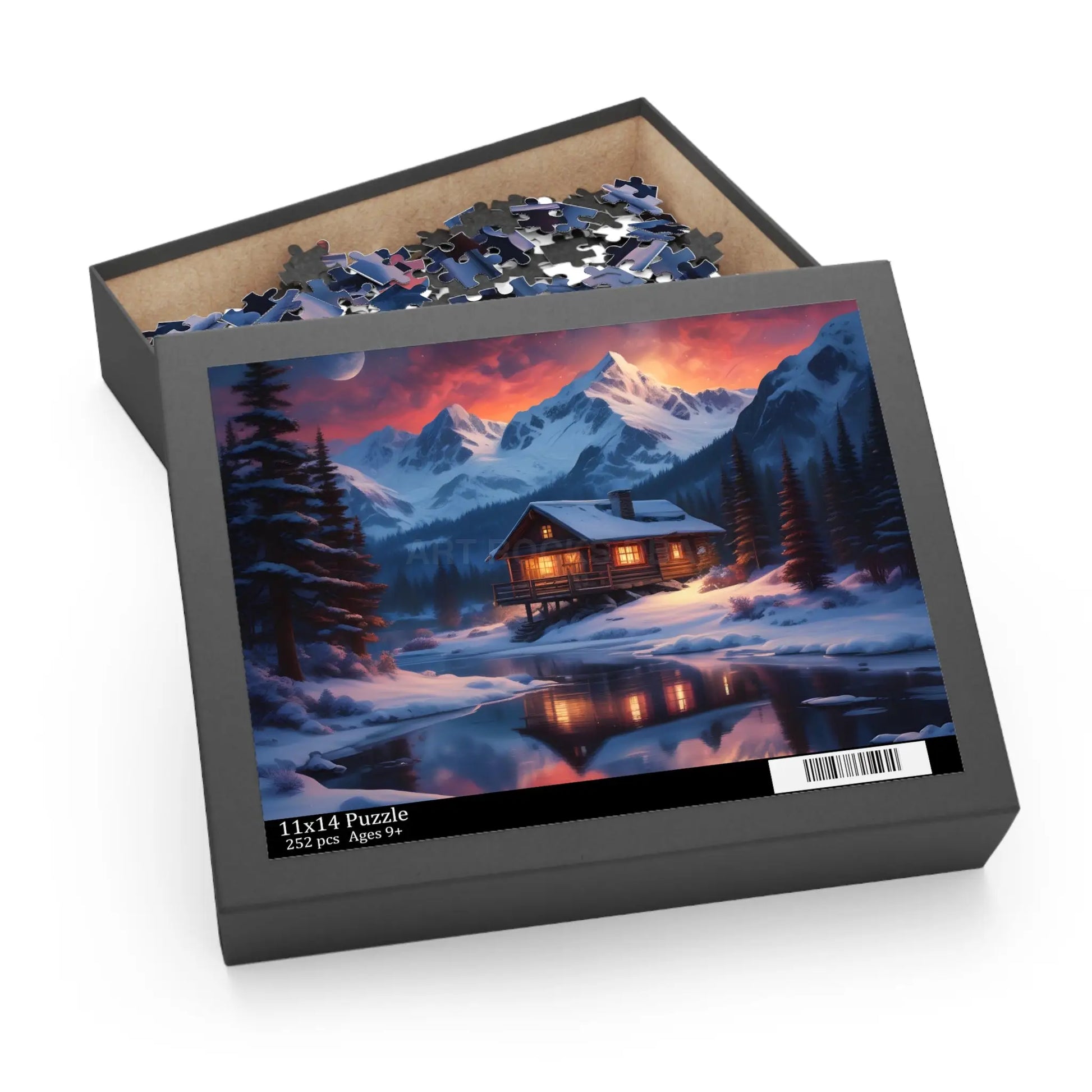 Winter Mountain Cabin on the Lake Jigsaw Puzzle — (120/252/500-Piece) - Puzzle