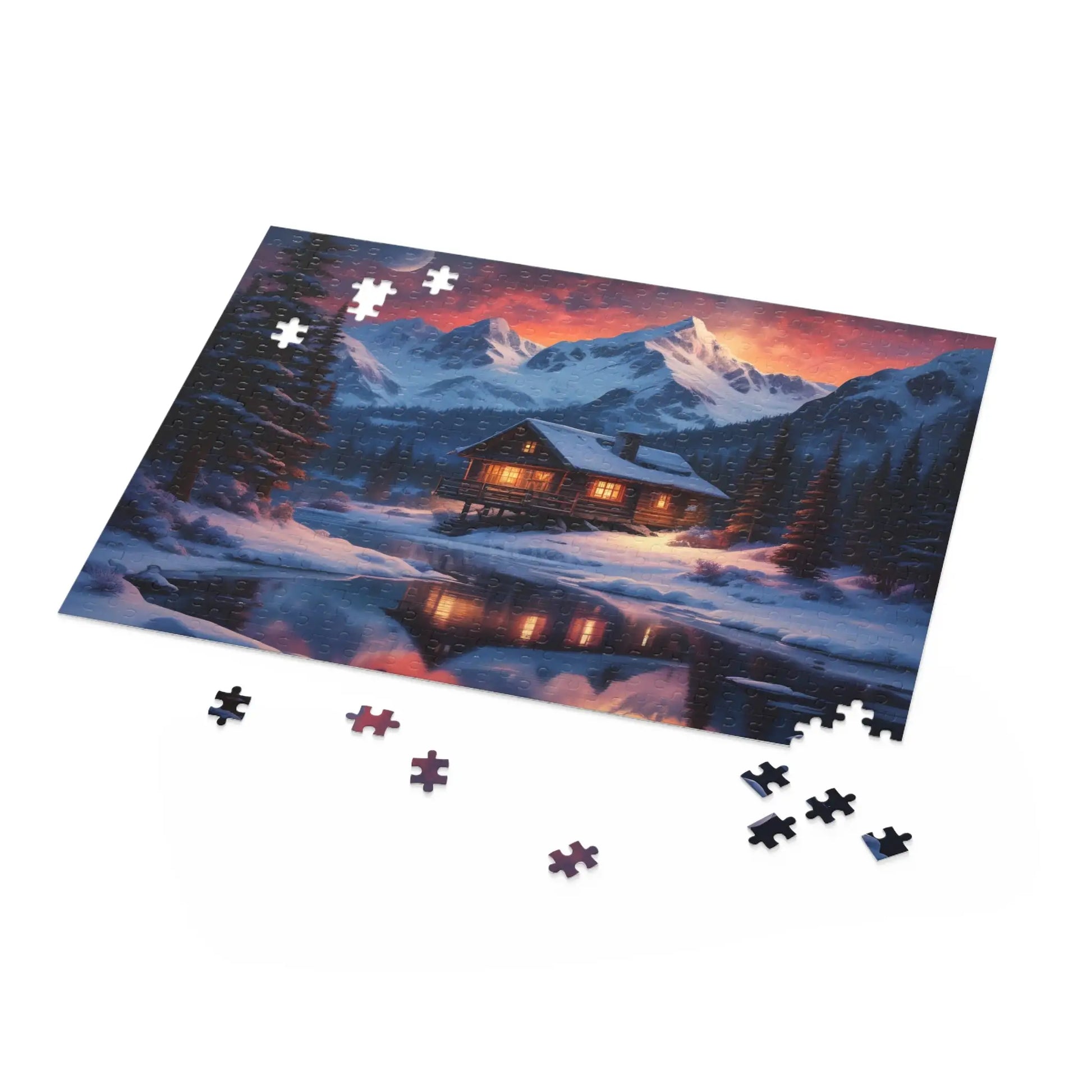 Winter Mountain Cabin on the Lake Jigsaw Puzzle — (120/252/500-Piece) - Puzzle
