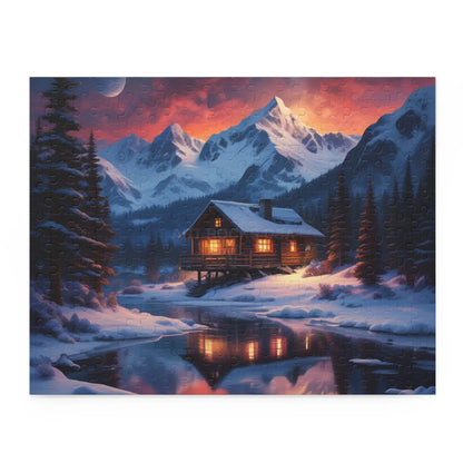 Winter Mountain Cabin on the Lake Jigsaw Puzzle — (120/252/500-Piece) - 14’’ × 11’’ (252 pcs) - Puzzle