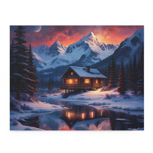 Winter Mountain Cabin on the Lake Jigsaw Puzzle — (120/252/500-Piece) - 14’’ × 11’’ (252 pcs) - Puzzle