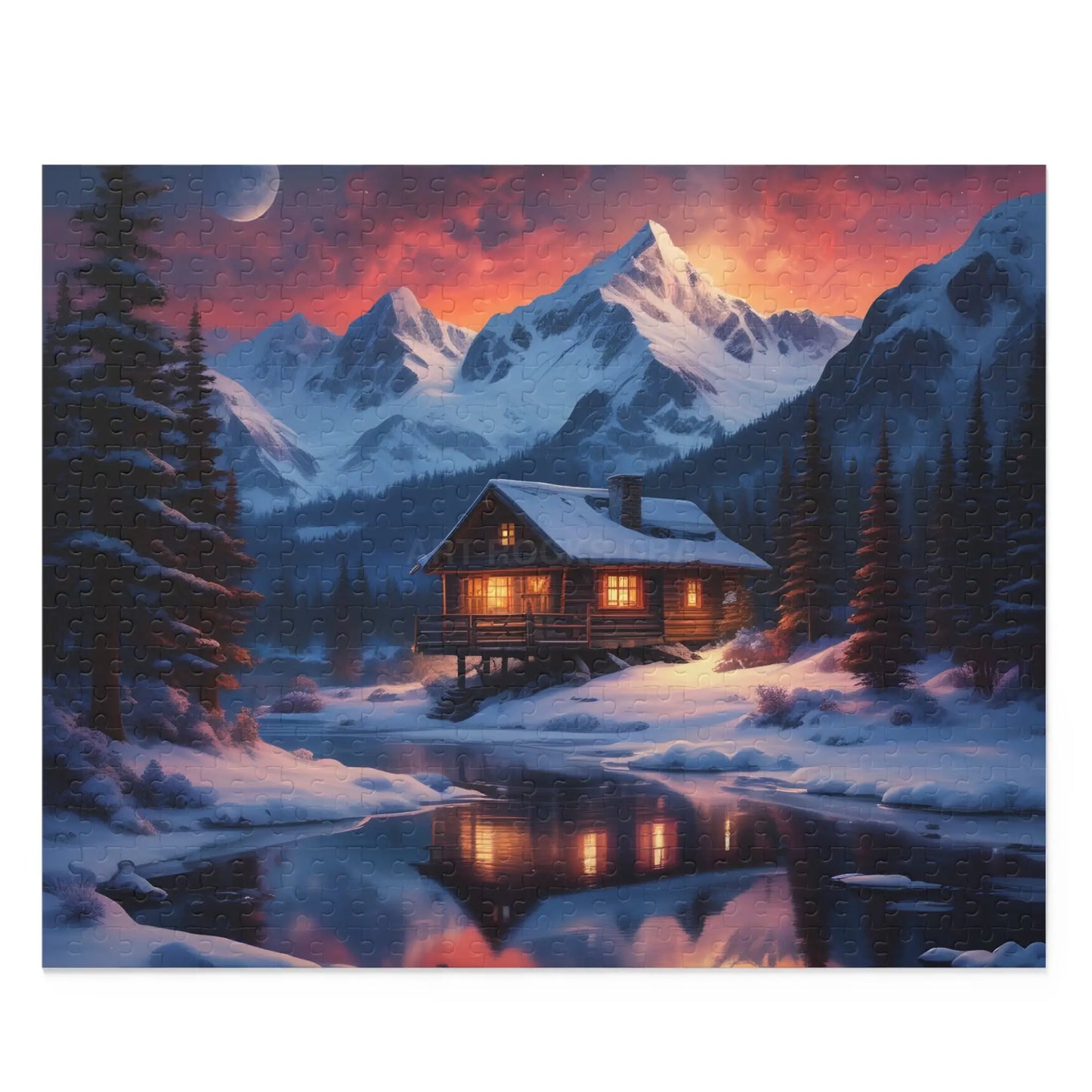 Winter Mountain Cabin on the Lake Jigsaw Puzzle — (120/252/500-Piece) - 20’’ × 16’’ (500 pcs) - Puzzle