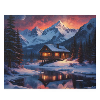 Winter Mountain Cabin on the Lake Jigsaw Puzzle — (120/252/500-Piece) - 20’’ × 16’’ (500 pcs) - Puzzle