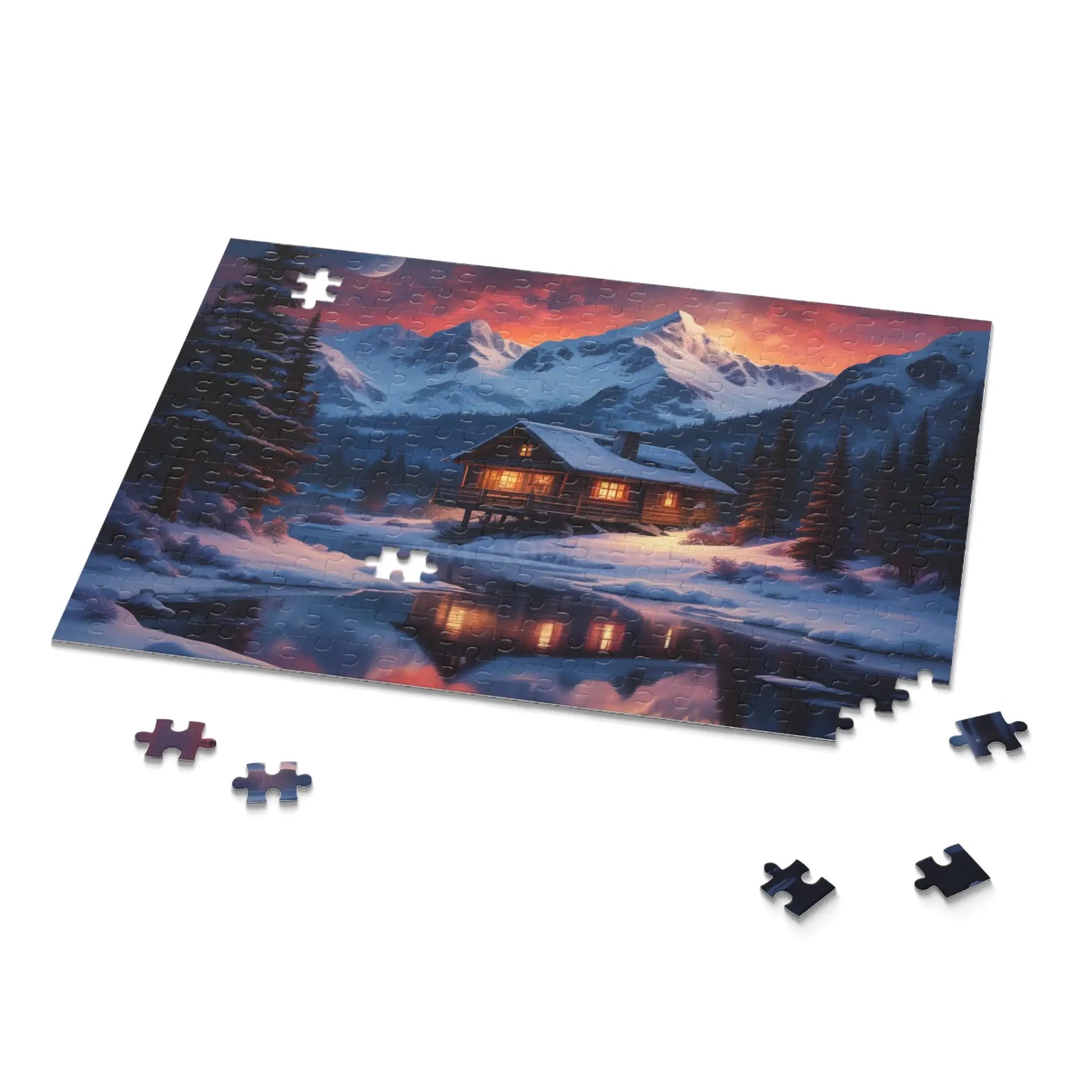 Winter Mountain Cabin on the Lake Jigsaw Puzzle — (120/252/500-Piece) - Puzzle