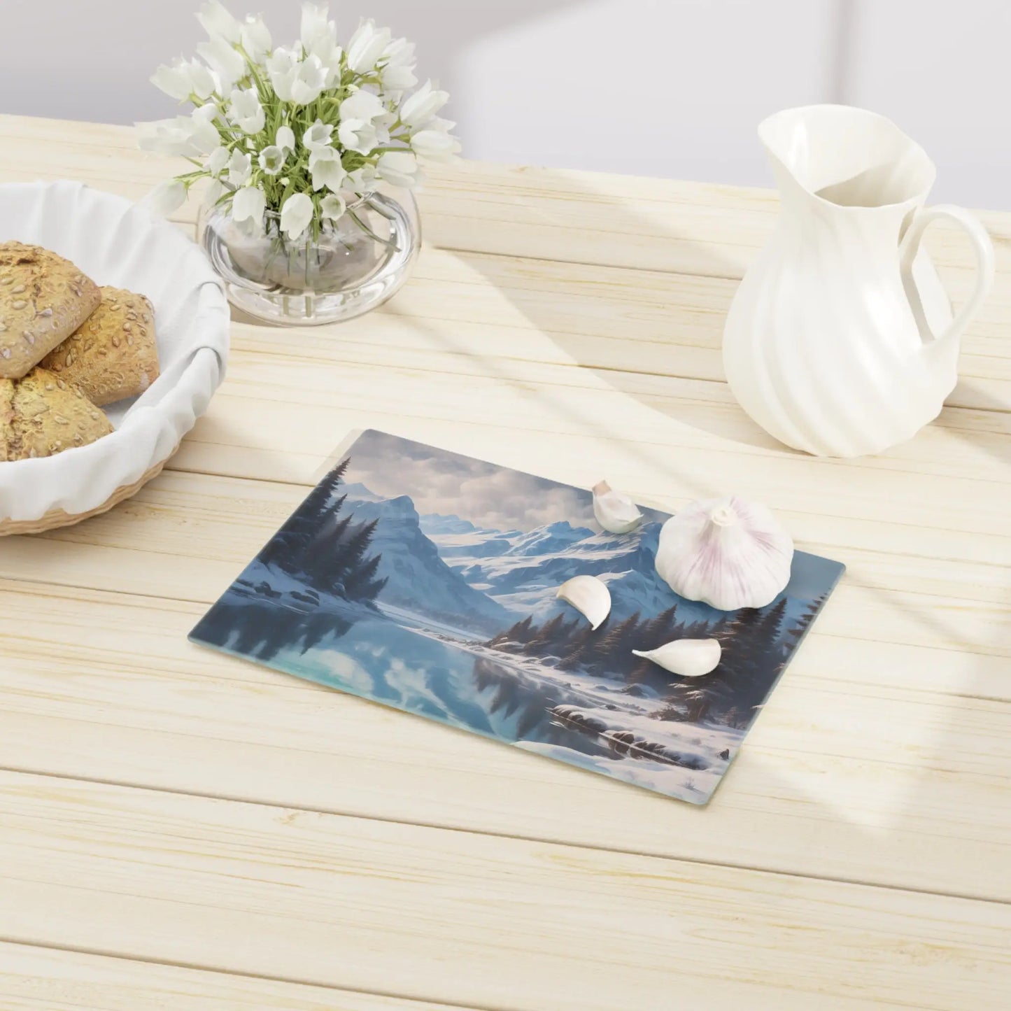 Winter Mountain Scenic Cutting Board — Snowy Lake Landscape Serving & Prep Board - Home Decor